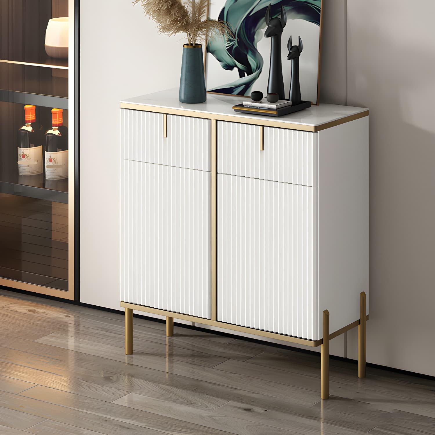 Glam Style Sideboard Stone Side Board with Drawers and Cabinets - image 4