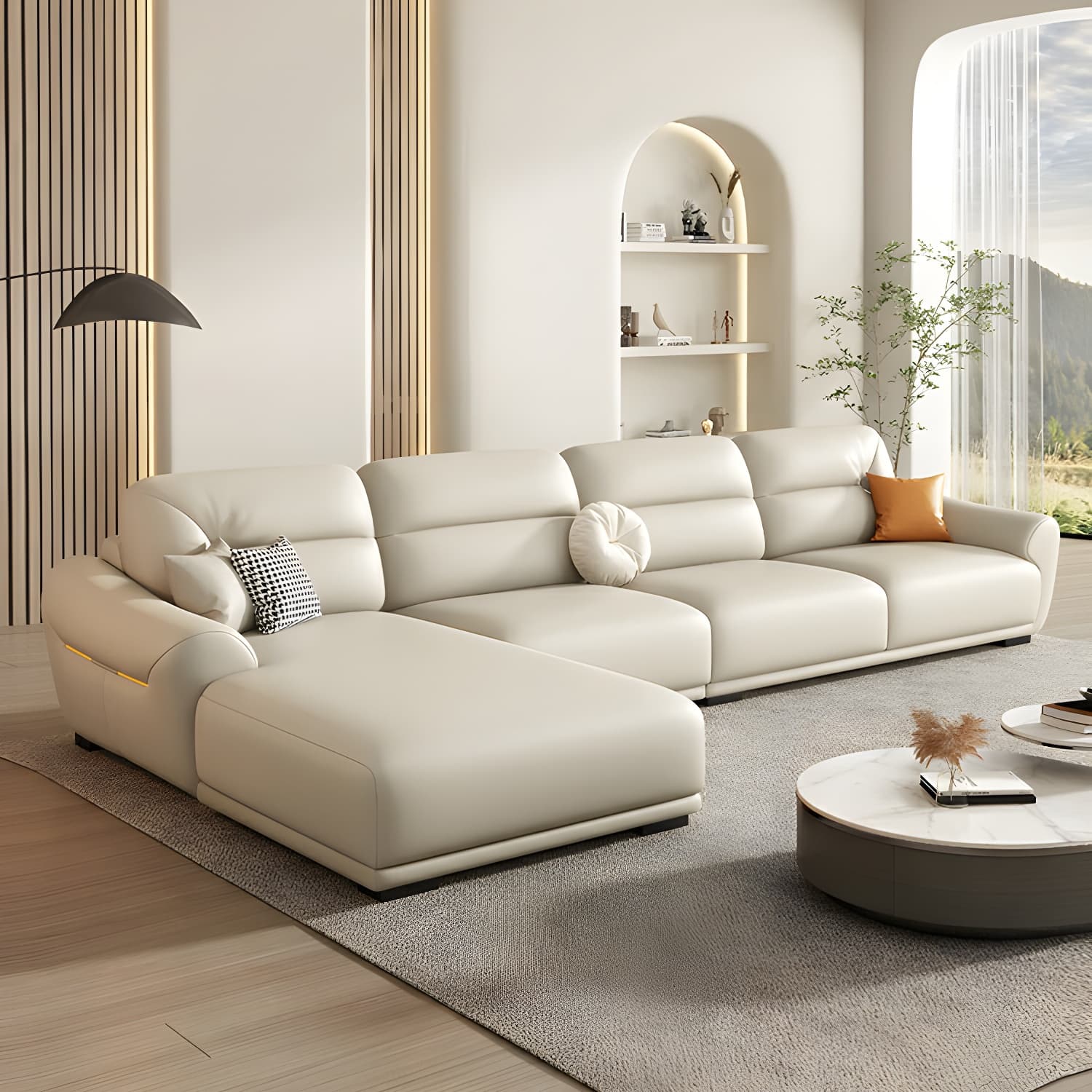 Modern Beige Upholstered Sectional Sofa with Flared Arms and Cushion Back Design