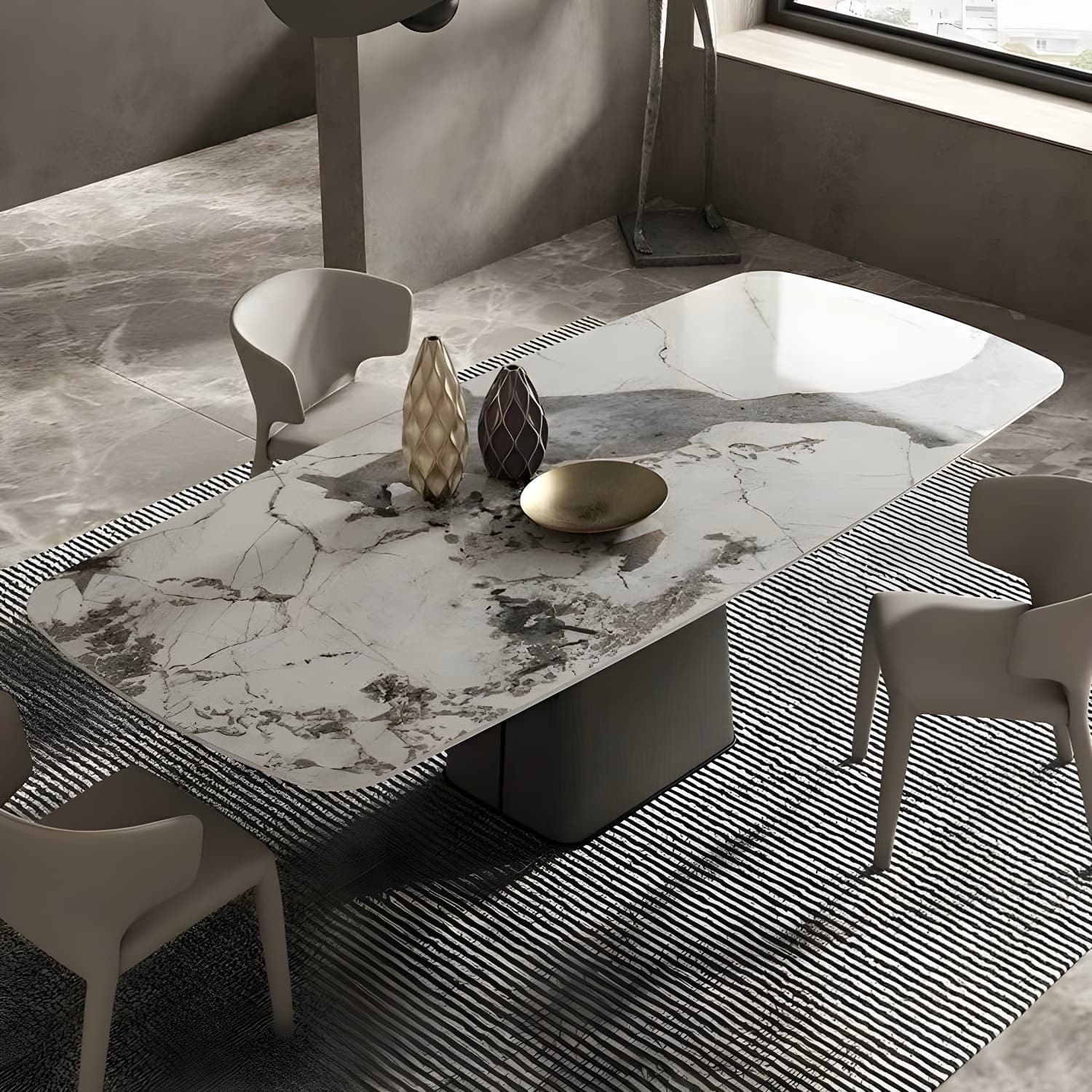Rectangle White Stone Glam Dining Table with Steel Pedestal Base - image 13