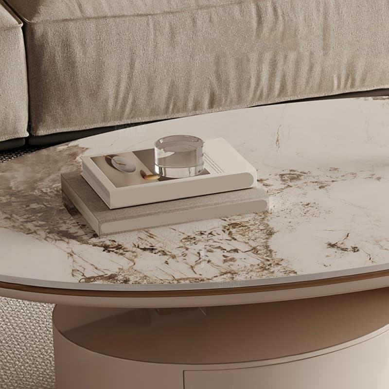 Luxurious Oval Stone Cocktail Table in White with Storage Drawer - image 8