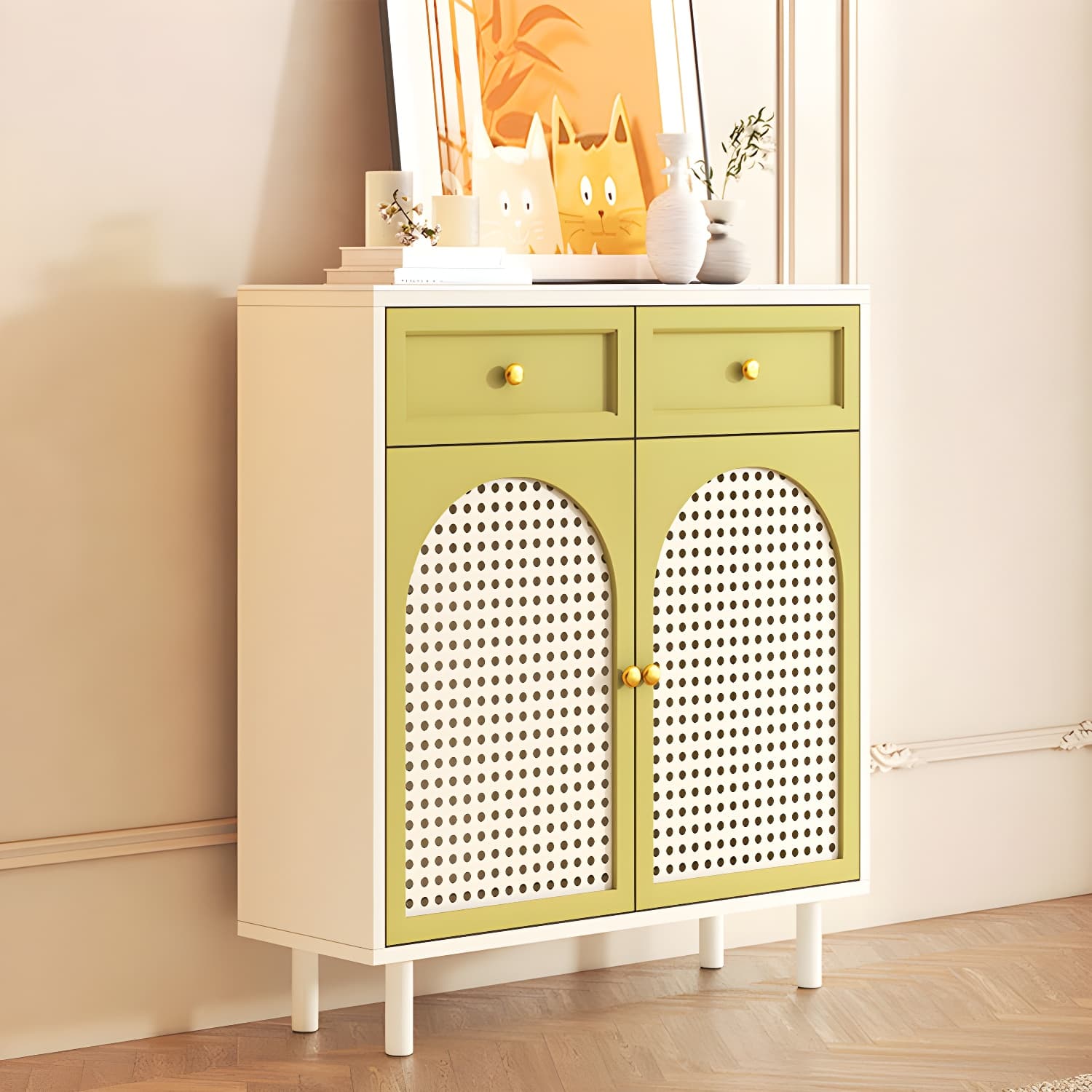 Scandinavian Wood Buffet with Countertop, Drawers, and Cabinets