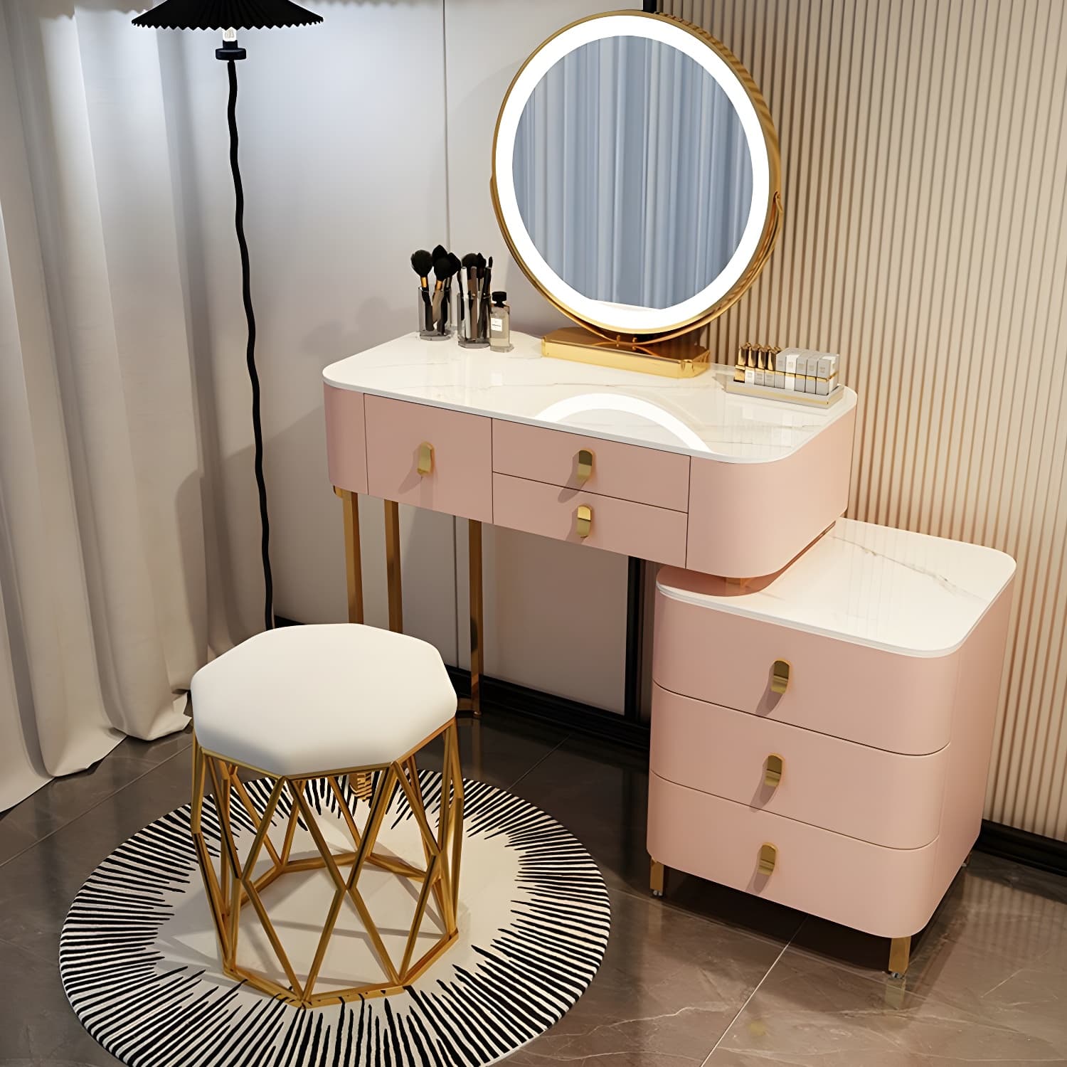Contemporary Make-up Vanity with Stone Top and Storage Drawers - image 6