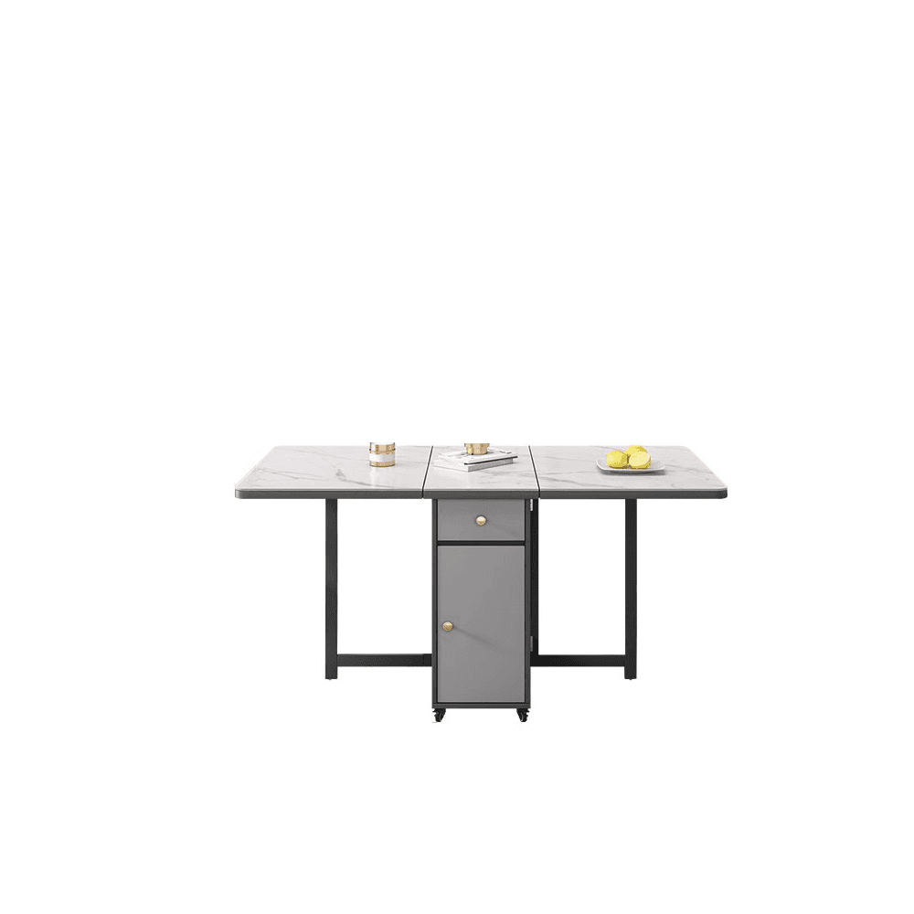Dining Table Set with Slate Stone Top, Drop Leaf, Padded Chair with Back, White Finish, and Receptacle Storage