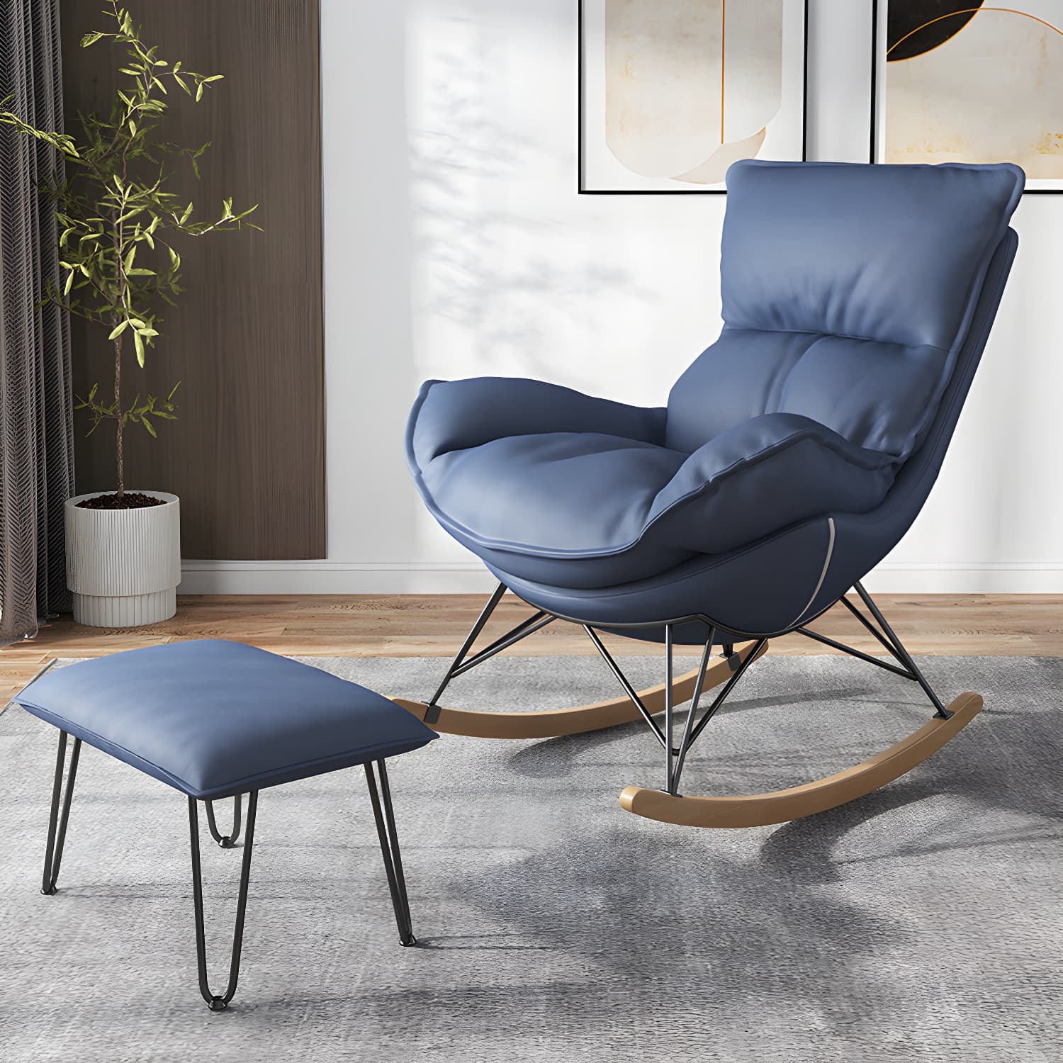 Contemporary Rocking Chair Faux Leather Water Resistant Plain Rocker Chair with Ottoman