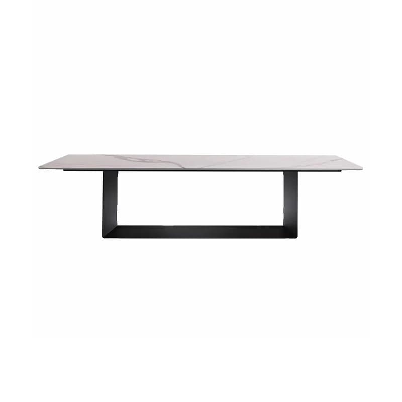 Modern Rectangle Stone Top Dining Table with Sleek Black Steel Trestle Base - image 8