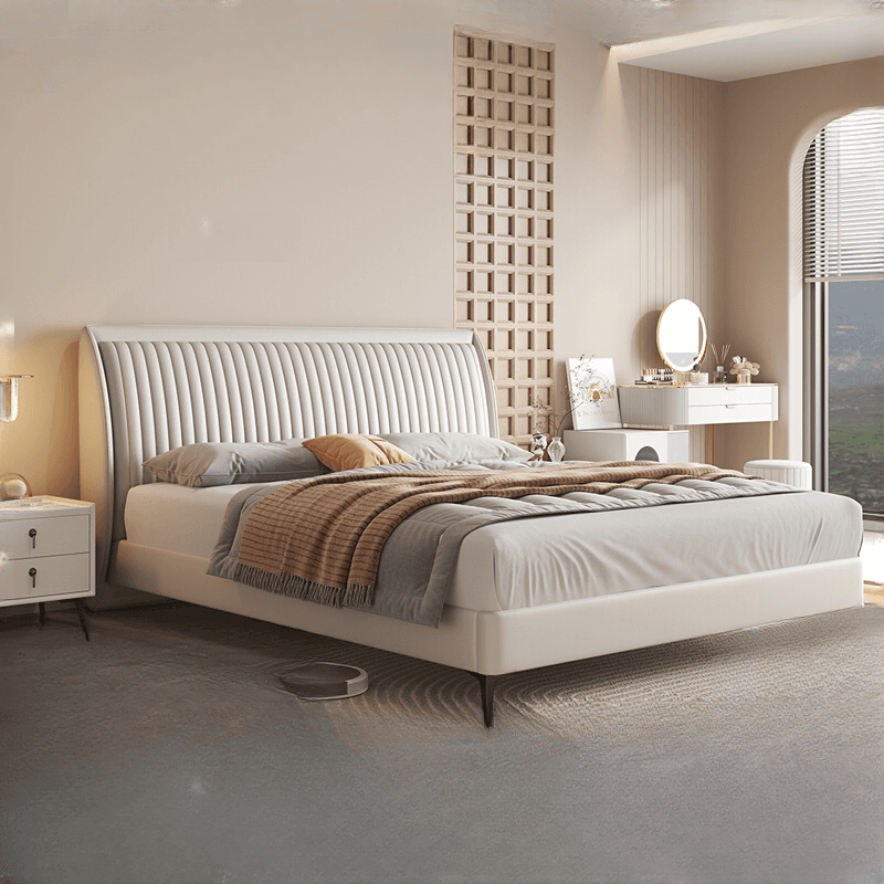 Solid Color Timber Frame Cabinet Bed/Platform Bed with Genuine Leather Headboard for Bedroom