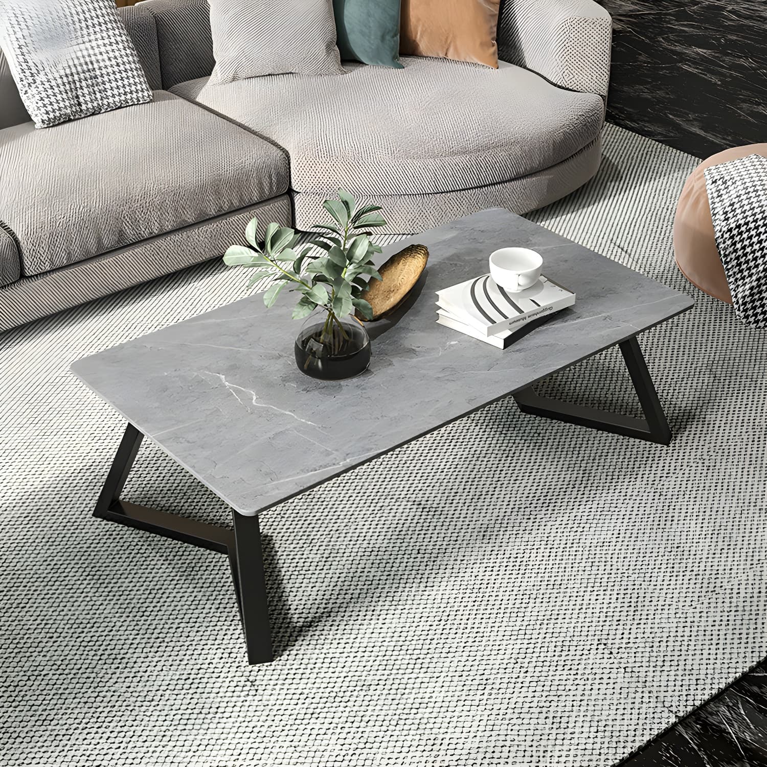 Rectangular Stone Modern Coffee Table with Black Iron Double Pedestal Base