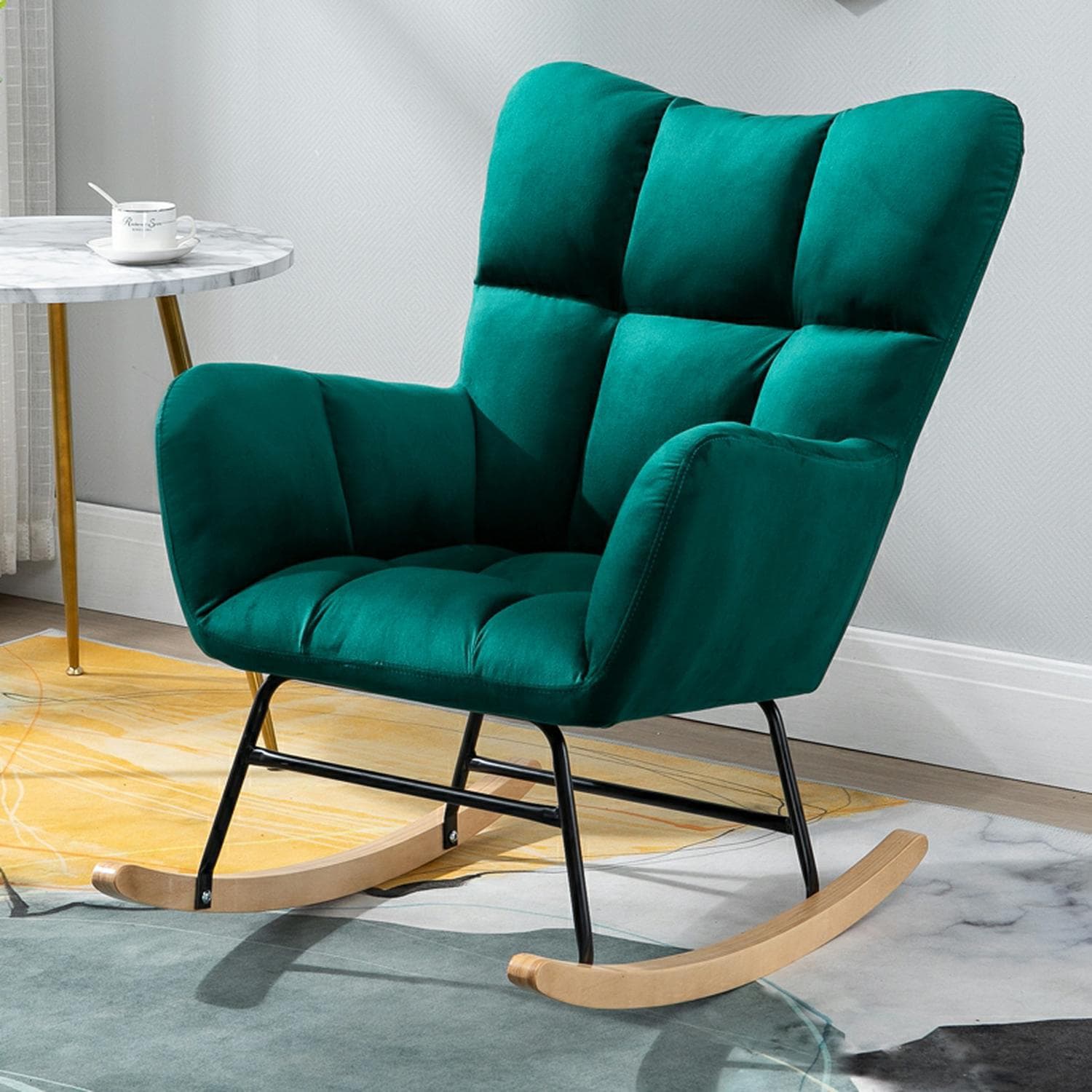 Stylish Modern Upholstered Rocking Chair with Tufted Design and Wood Legs - Support Up to 398 lbs