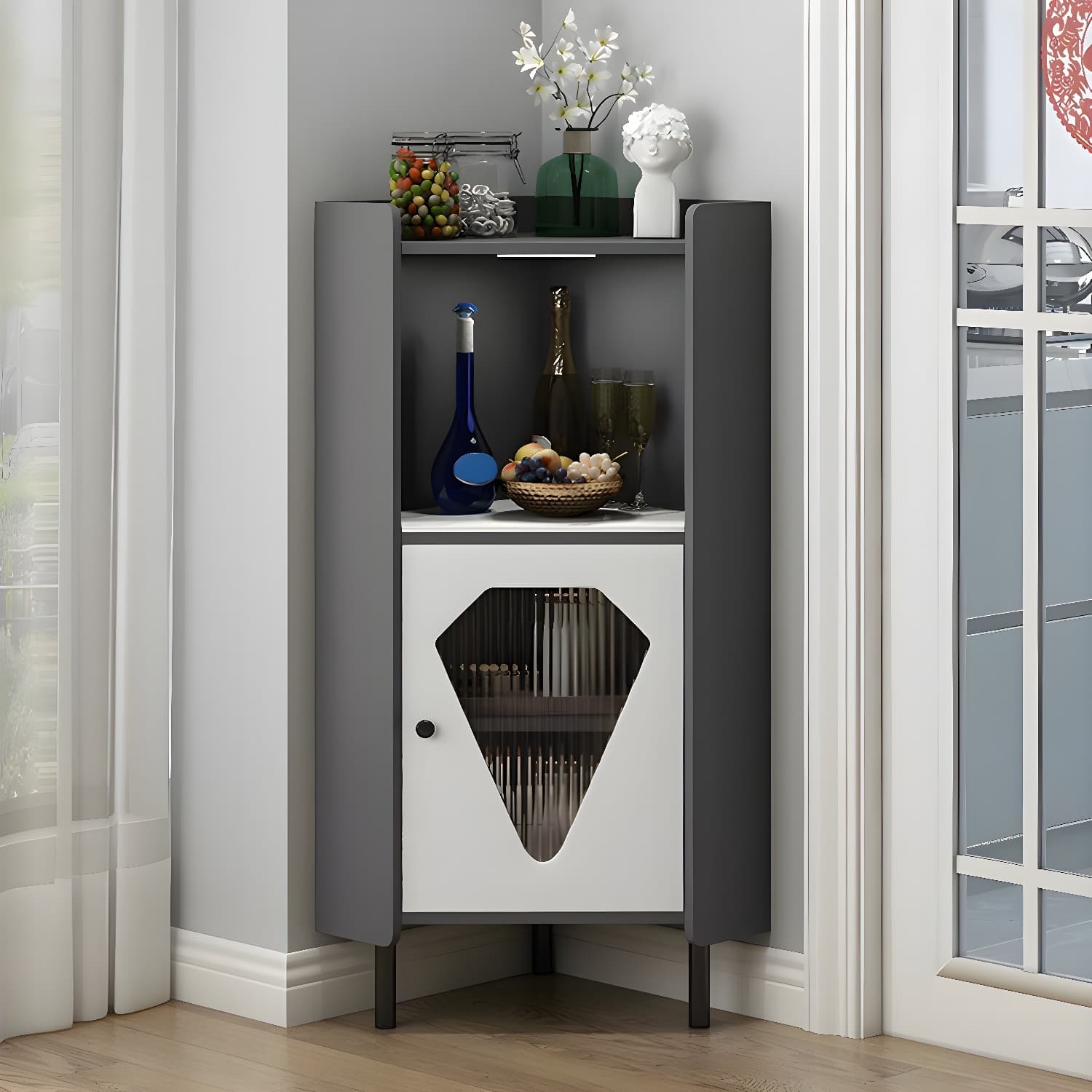Glam Corner Accent Cabinet with Glass Doors and Wood Countertop in Small (Under 24 in.) Length
