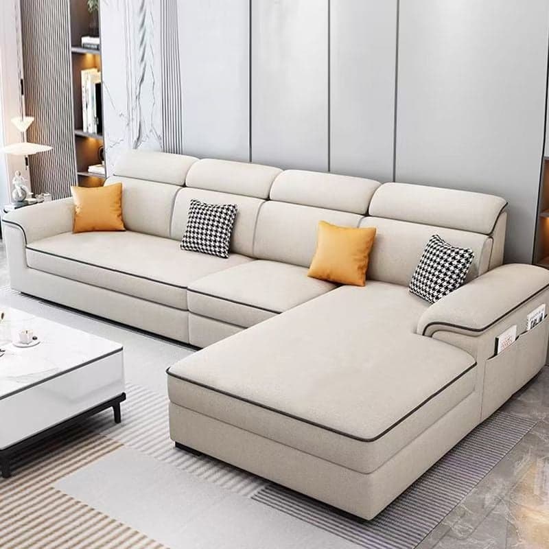 Casual L-Shape Stain Resistant Cream Sofa Recliner with Left/Right Hand Facing Square Arm and Chaise Component