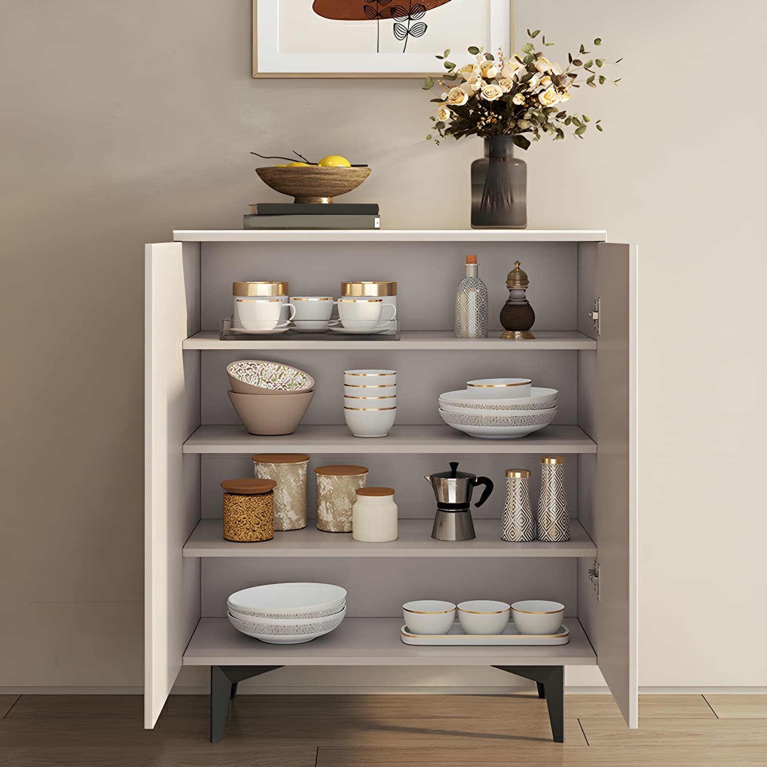 Modern White Wood Sideboard Credenza with Adjustable Shelving and 6 Interior Shelves - image 12