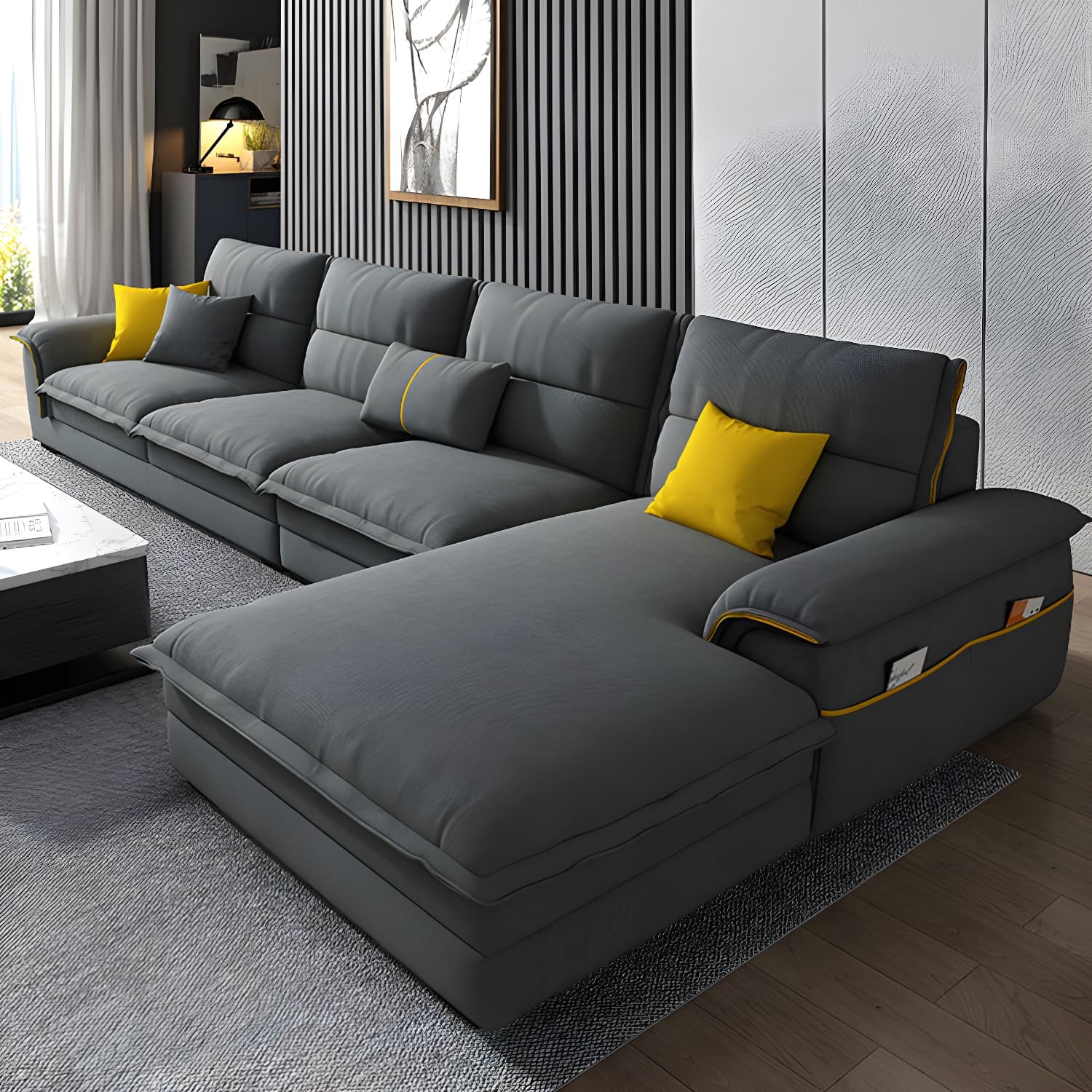 Modern Gray Cotton and Linen Sectional Sofa with Wood Frame and Storage Included