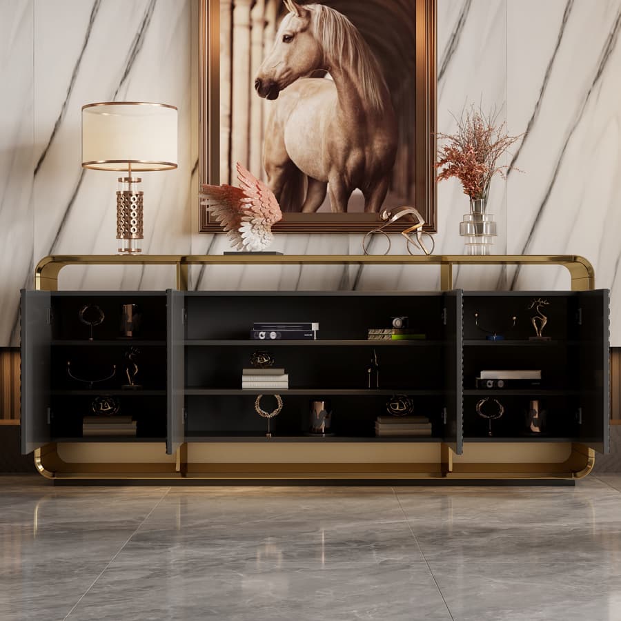 Self-supporting Metal Framed Wood Sideboard with Extreior 3 Shelves and a Counterboard in a Lavish Style - image 4