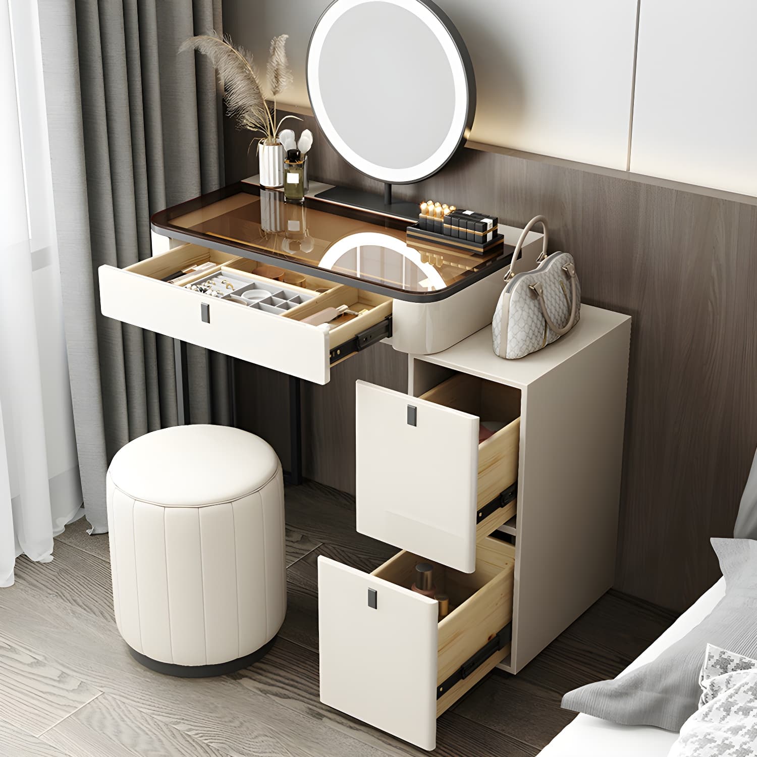Modern Minimalist White Vanity Table Set 29.53" H Glass Top Vanity Table with Storage - image 4