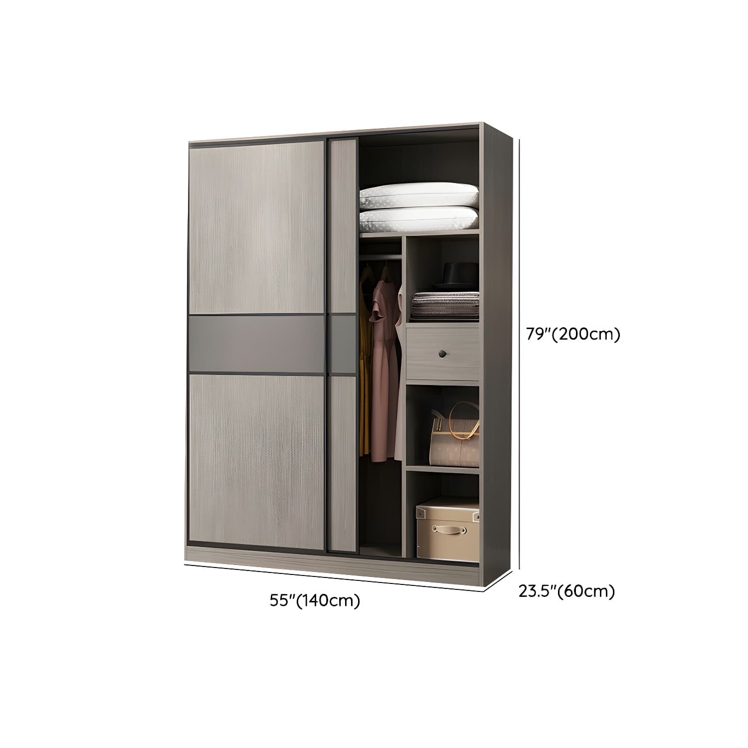 Contemporary Plate Storage Wood Wardrobe with Clothing Rod and Shelves in Light Grey - image 26