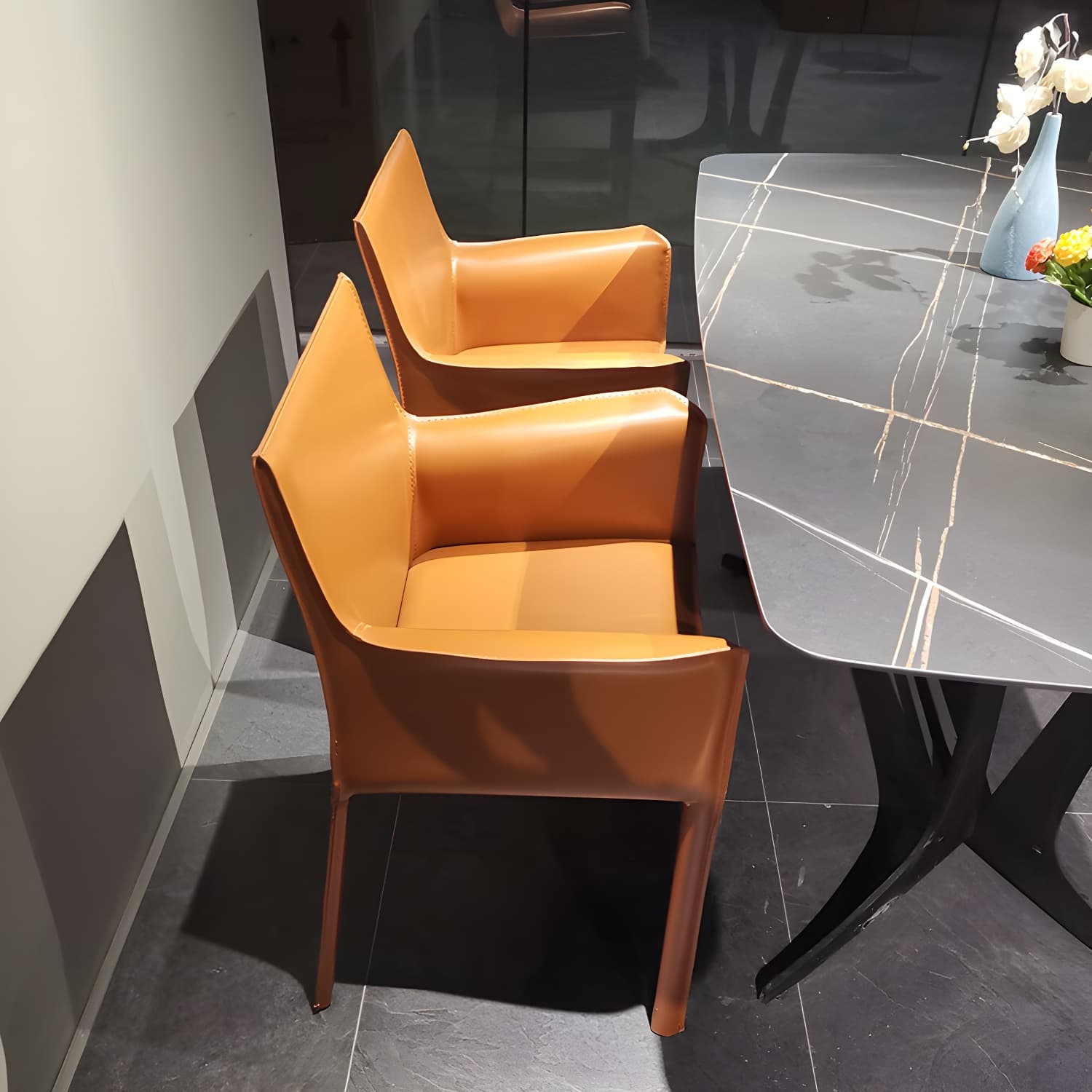Designer Style Home Saddle Leather Arm Chair Matte Finish Solid Back Single Dining Chair - image 10