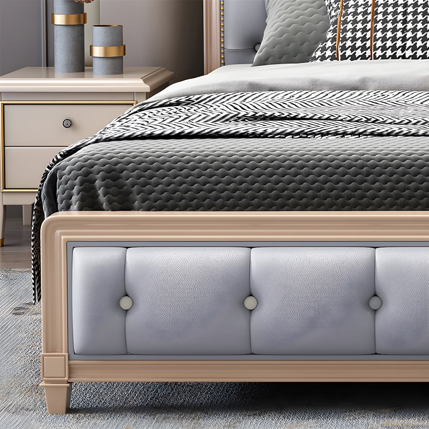 Tufted Upholstered Panel Bed with Nailhead Trim Victorian Solid Wood Bed Frame - image 6