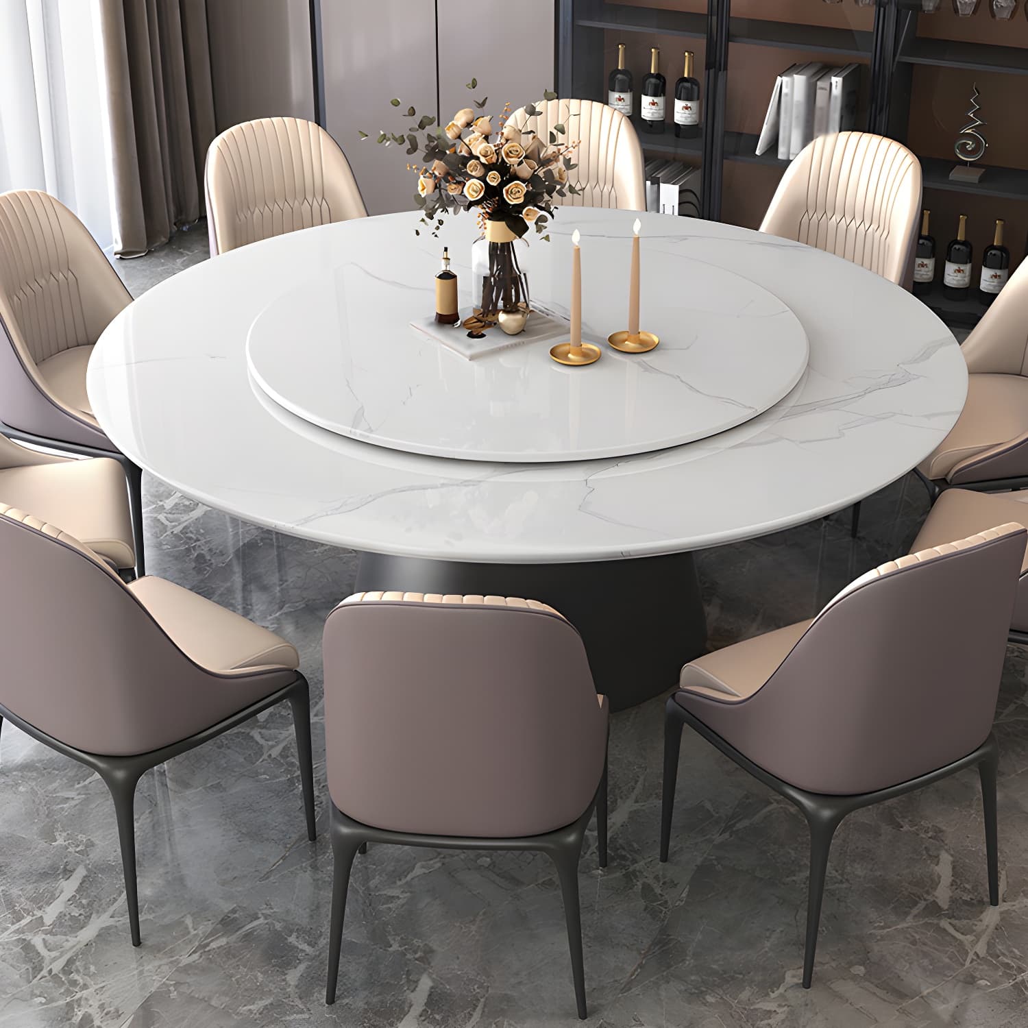 Modern Round Dining Table White and Black Metal Base Convertible Dining Table - image 13