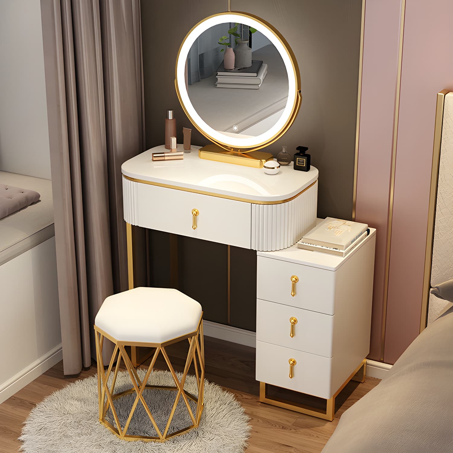 Lighted Mirror Makeup Vanity Desk with 4 Drawers Glam Makeup Vanity Set - image 8