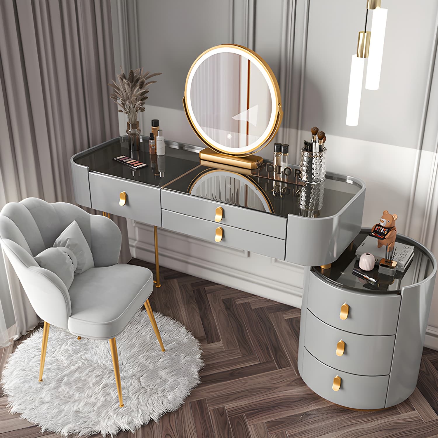 Storage Drawers Dresser Glass/Stone Top Dressing Table with Mirror & Stool - image 13