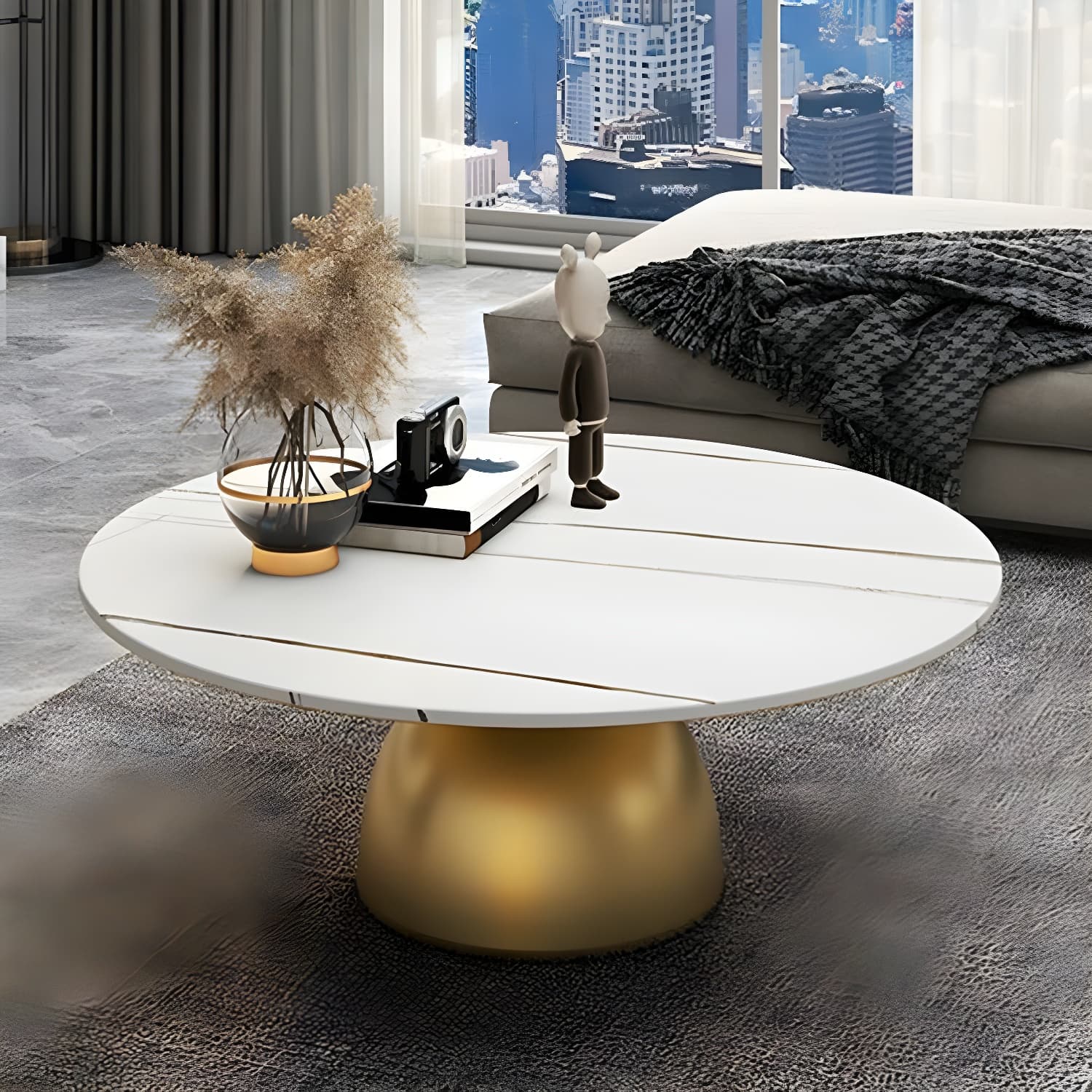 Round Stone Glam Coffee Table with Pedestal Iron Base and Built-in Storage - image 15