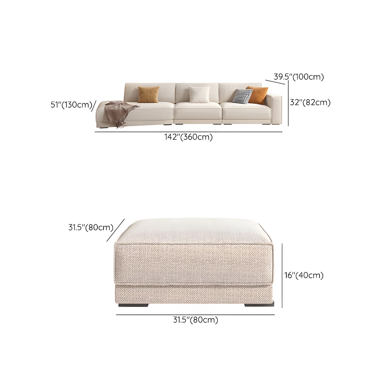 Modern Beige Linen L-Shape Sofa Chaise with Square Arm in Wood Frame - image 27