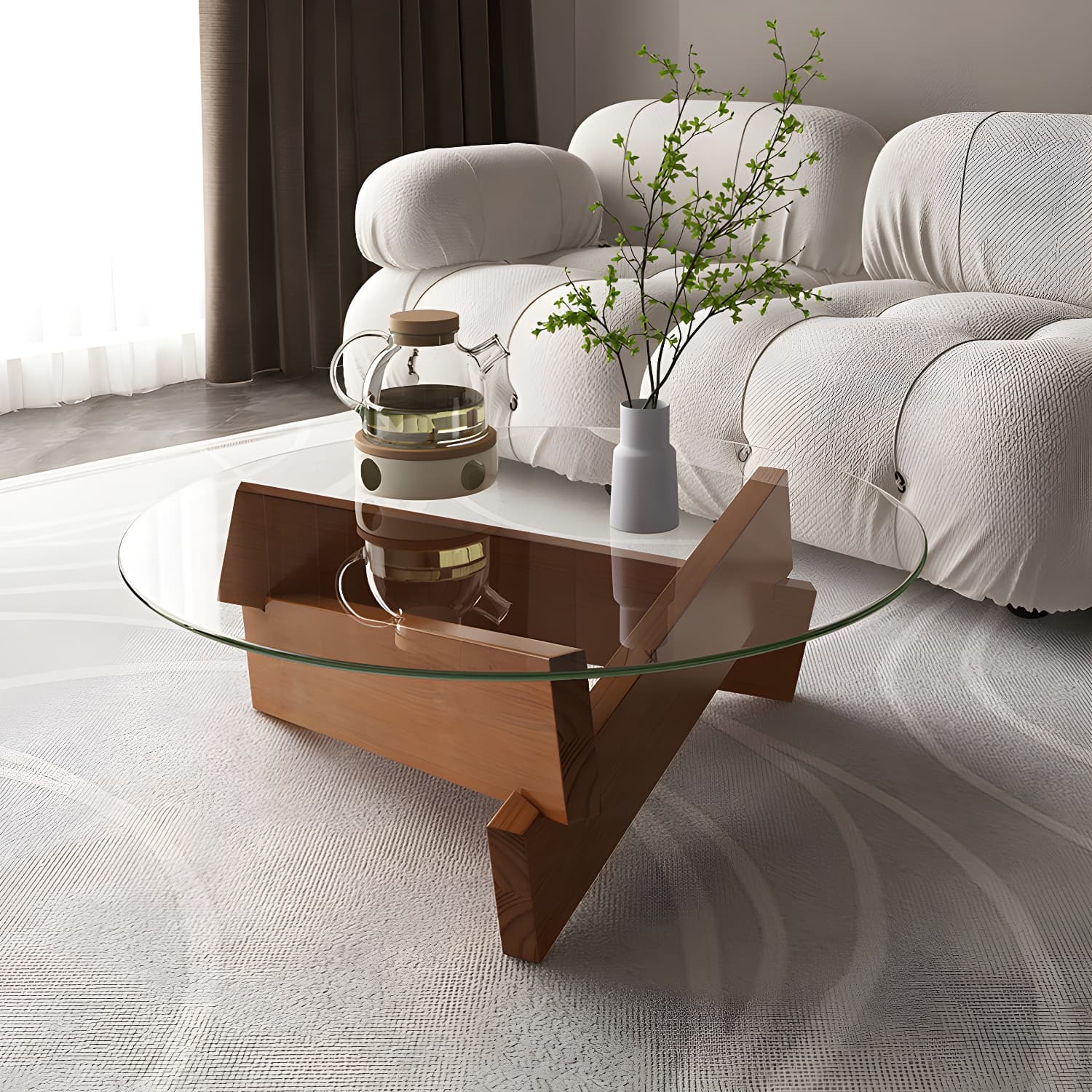 Modern Round Glass Top Coffee Table with Abstract Wooden Leg - image 7
