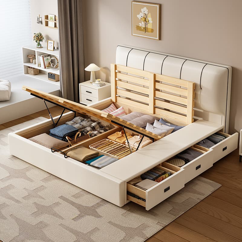 Cream Solid Color Storage Included Bed with 3 Storage Boxes for Bedroom
