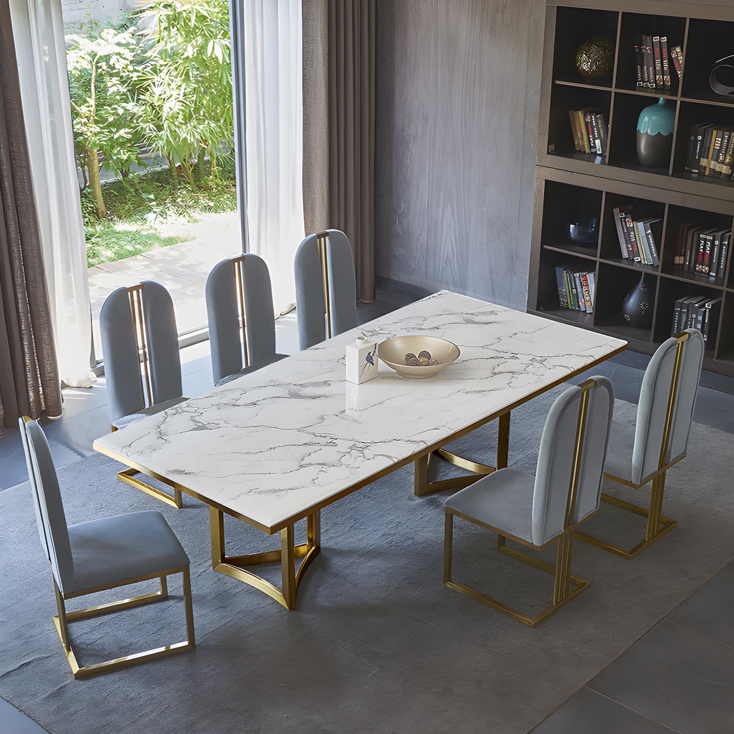 Traditional Luxury Dining Table Rectangle Double Pedestal Table with Gold Frame - image 13