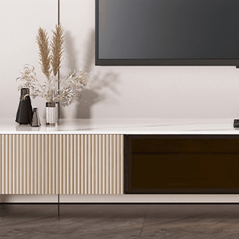 Art Deco Sintered Stone Rectangular TV Stand with 2 Drawers, Hutch, Cable Management, and Light - image 7