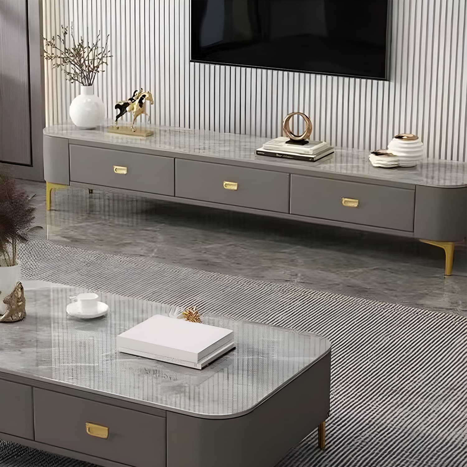 Modern Glass TV Stand with Low Height, 3 Drawers, Legs, and Easy Partial Assembly - image 7