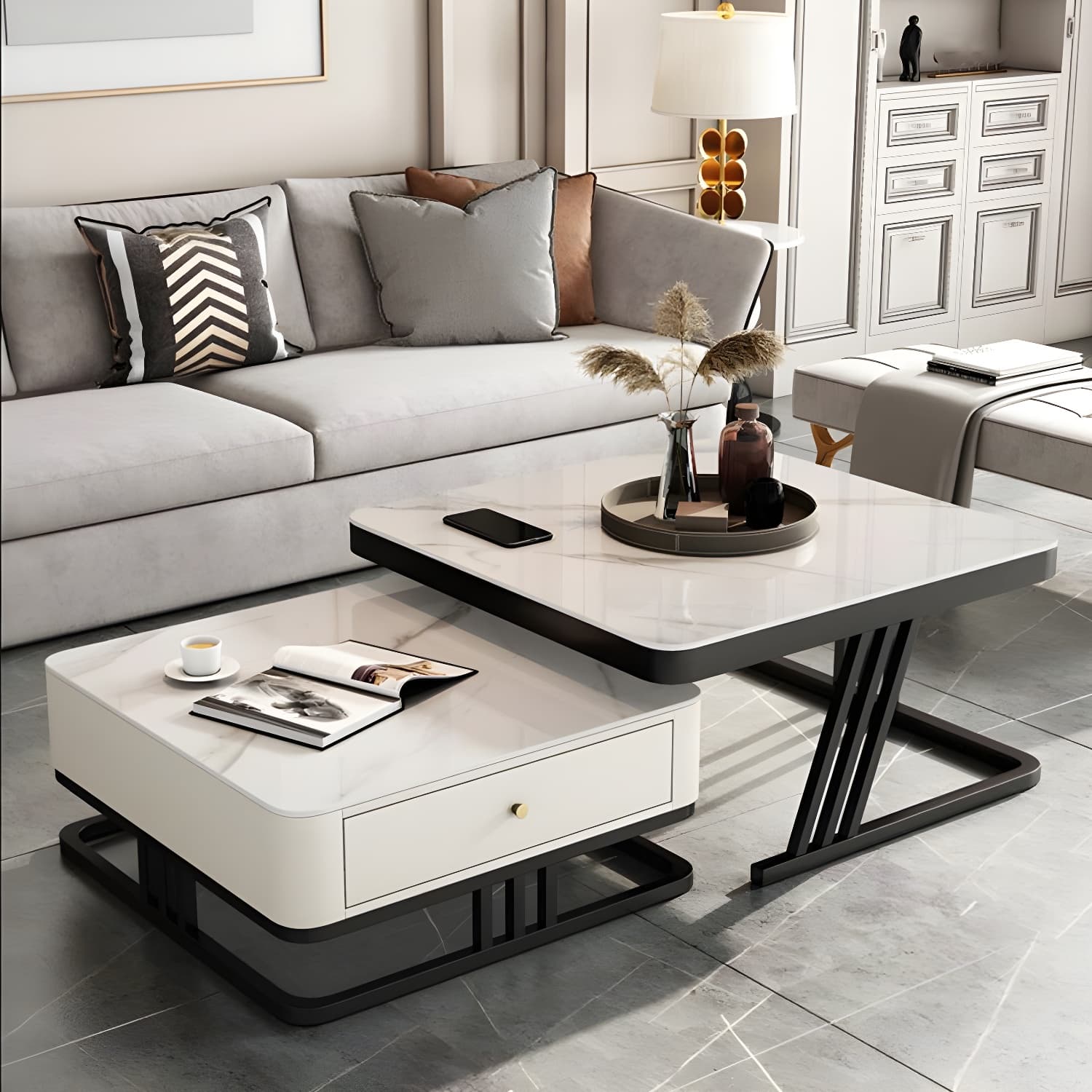 Modern Round Glass / Slate Cocktail Table Steel Frame Coffee Table with Drawer - image 10
