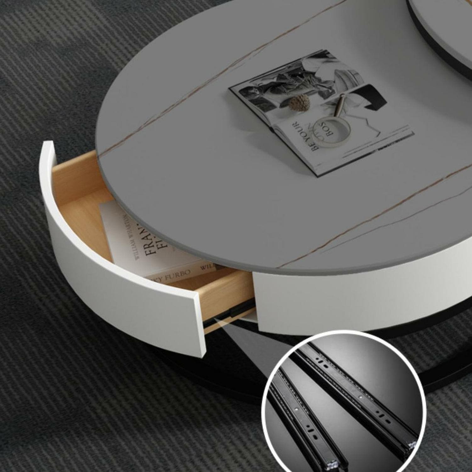 Modern Black Nesting Coffee Tables, 2 Set, Round Stone Top, Steel Frame with Storage - image 12