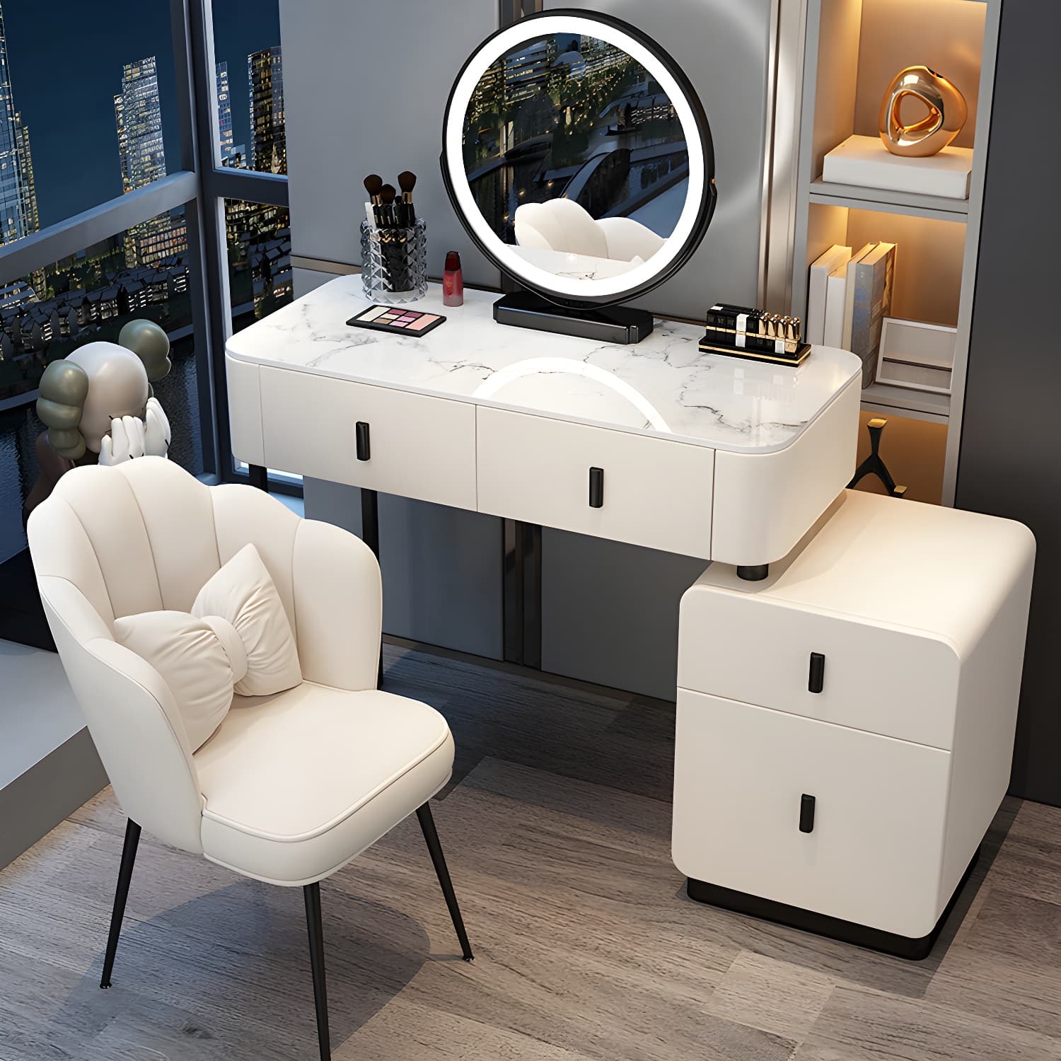 Wood Makeup Vanity Lighted Mirror Vanity Table and Stool Set - image 6