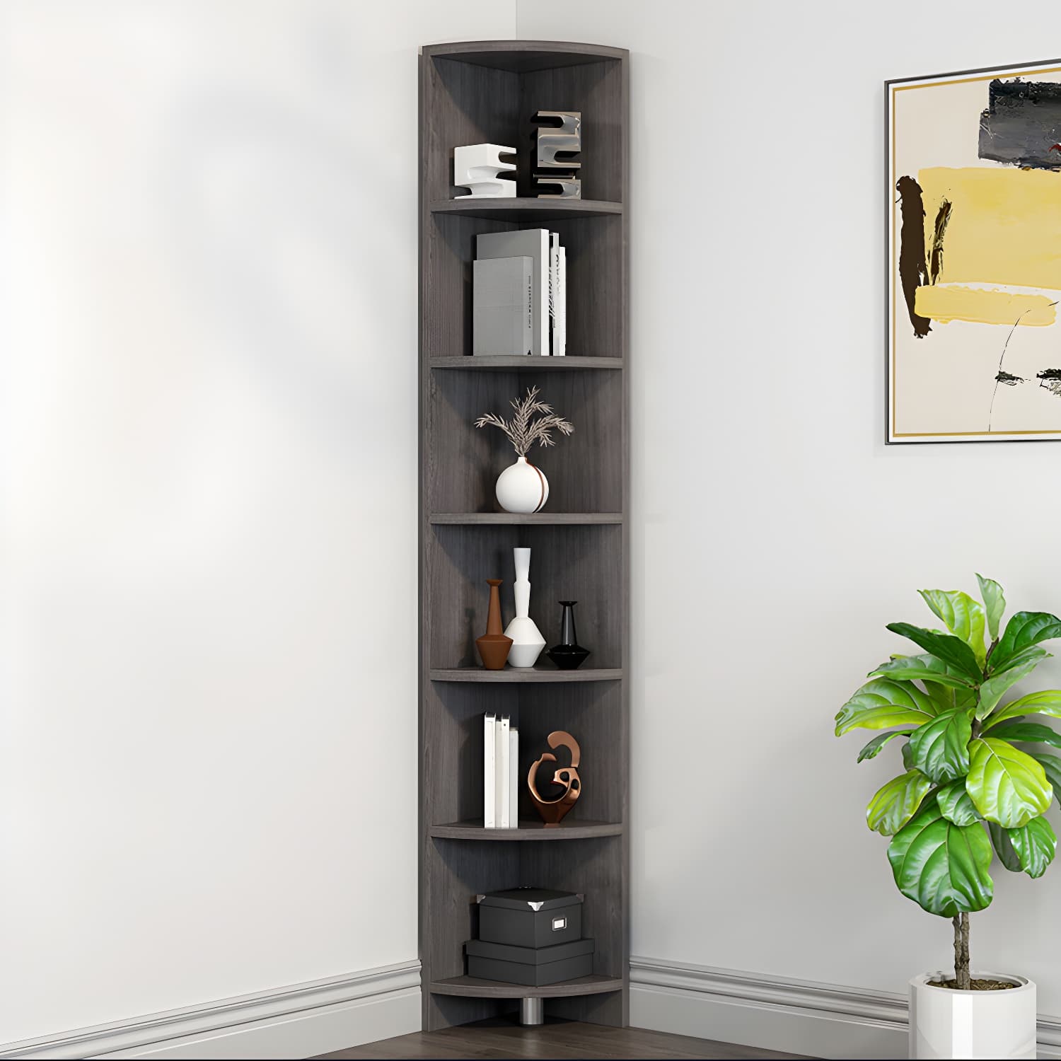 Corner Modern Accent Chest with Wood Counter Top and 6 Open Shelves without Drawers - image 3