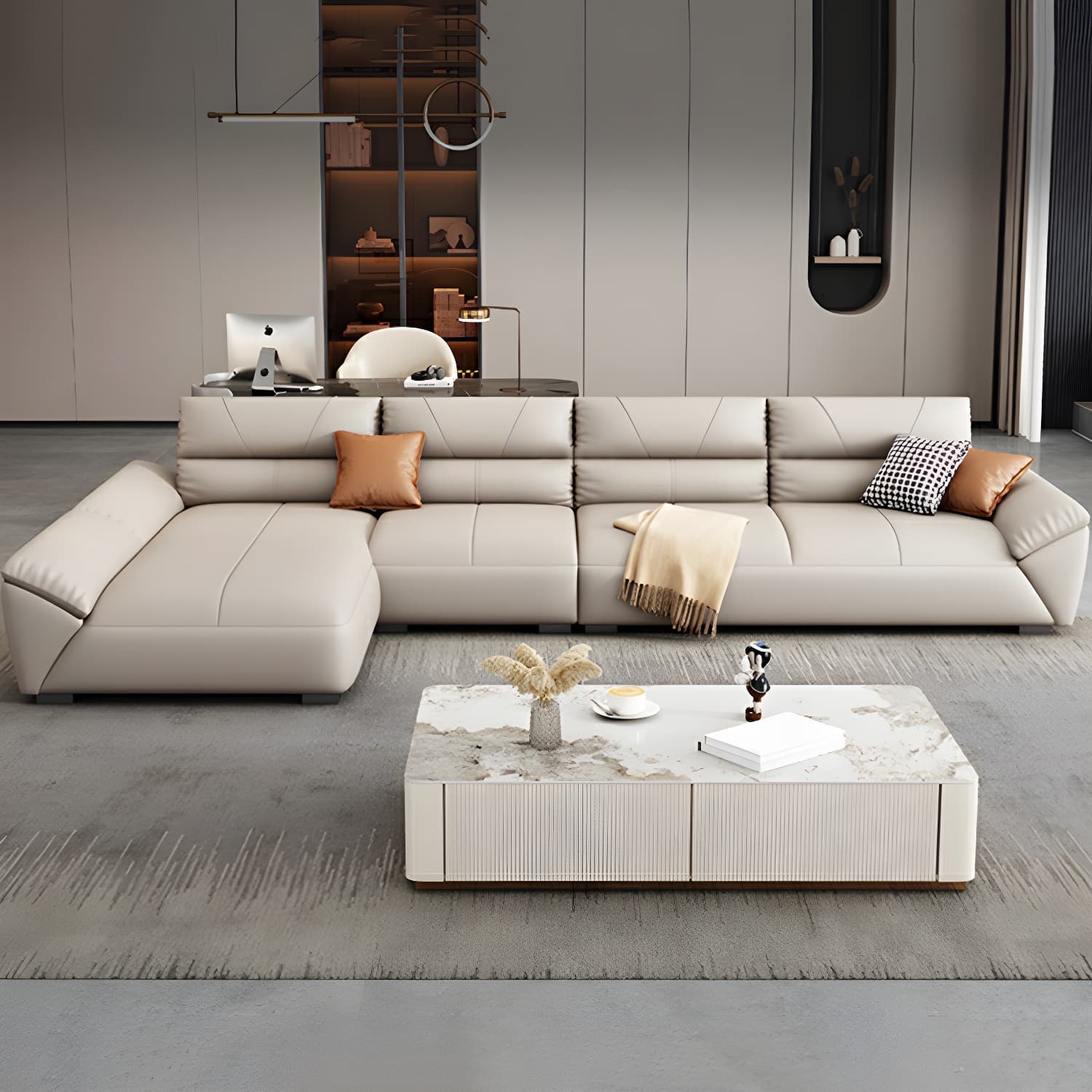 Modern Beige Cotton Stationary Sectional Sofa with Pillow Top Arm - image 3