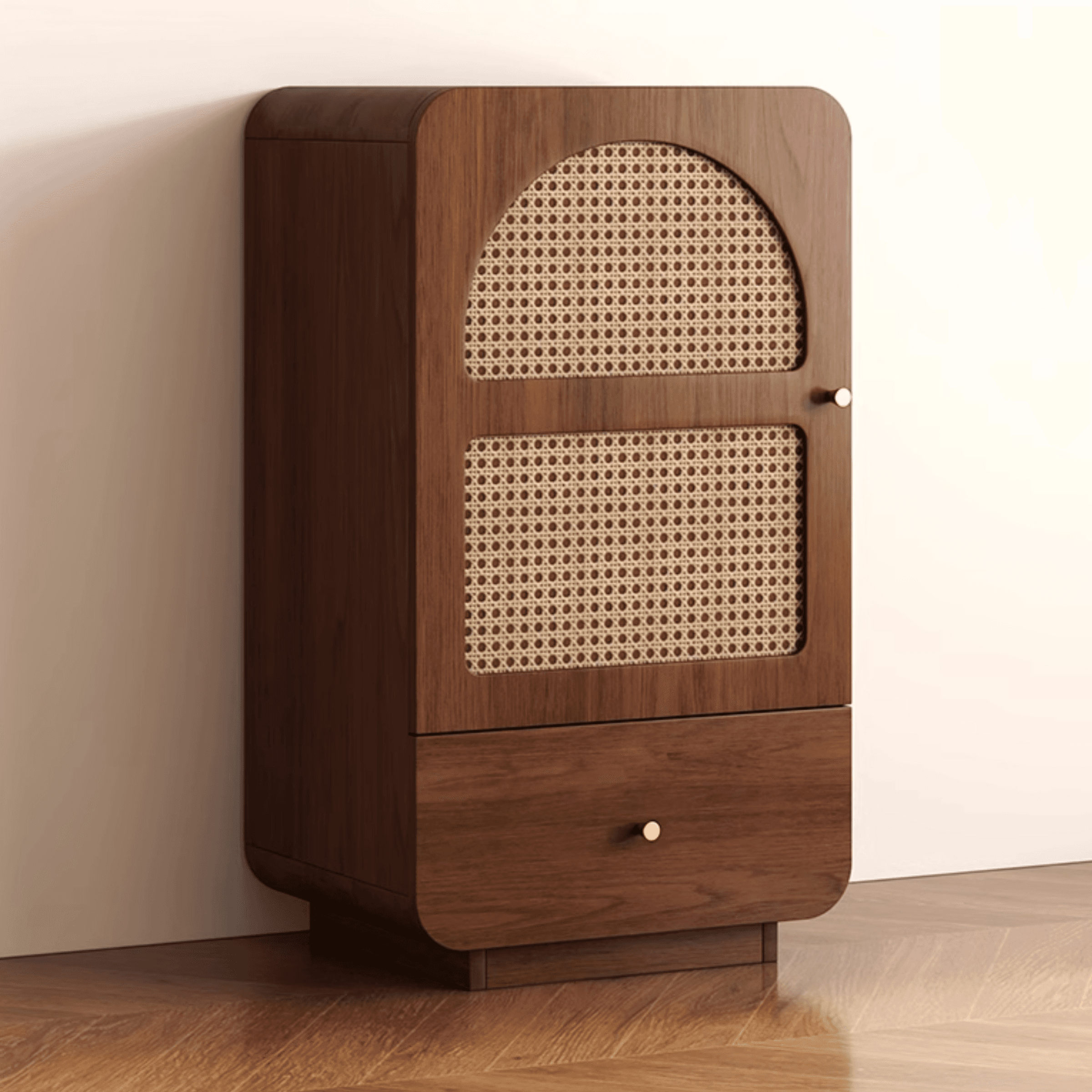 Simple Rectangular Accent Cabinet with Storage, Engineered Wood Countertop, Pull Knobs, Auburn Top, and Soft Close Drawer