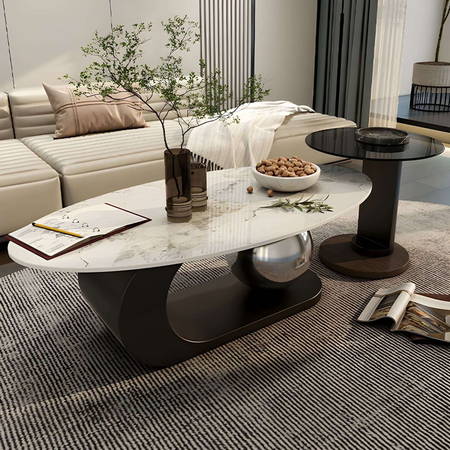 14"H Glam Coffee Table Slate Oval Pedestal Coffee Cocktail Table - image 6