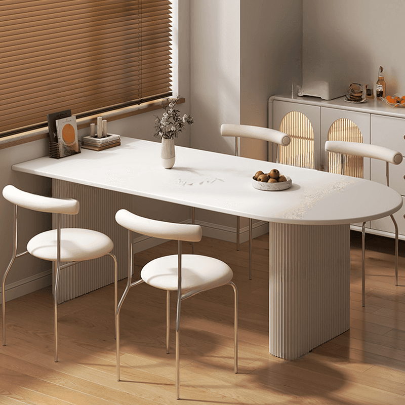Minimalist Dining Table Set with White Slate Top and Two-sided Pedestal Base, Featuring a Fixed Table - image 6