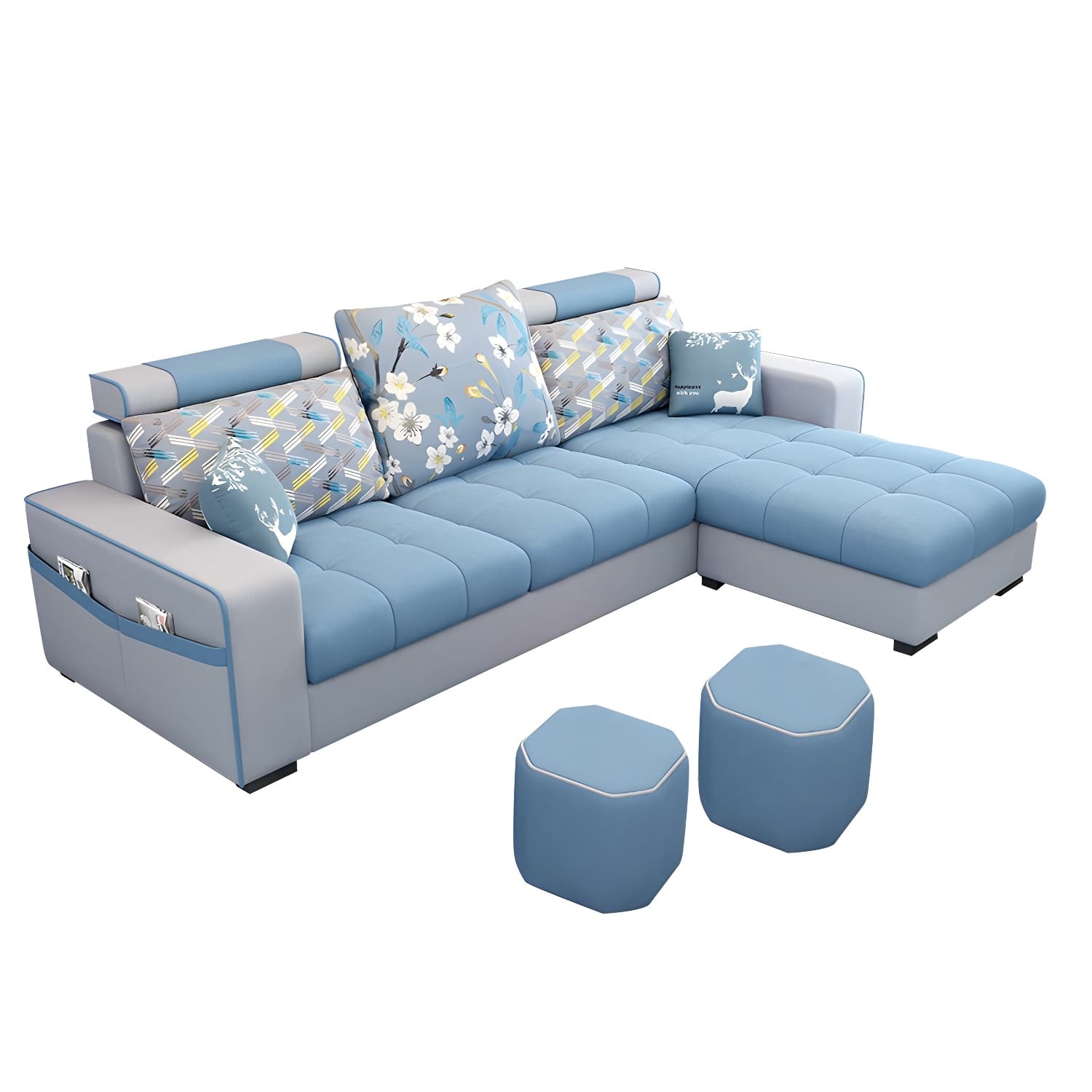 Modern L-Shaped Linen Sectional Sofa with Ottoman and Slipcover, Reversible Design