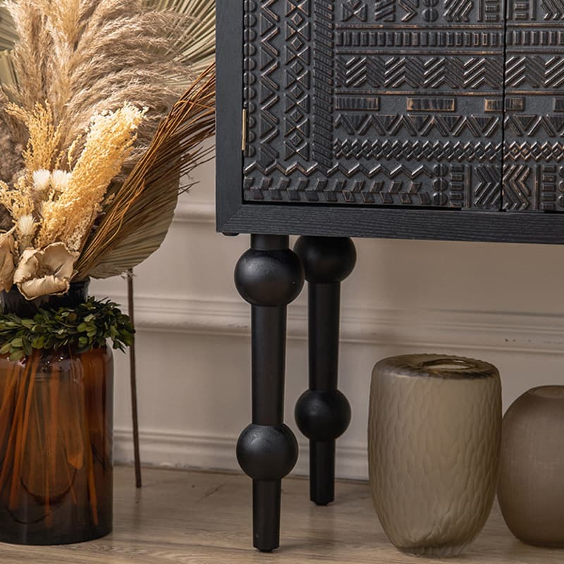Modern Black Wood Console Cabinet with Cubby Storage and Wood Scoring & Rub Through Detailings - image 8
