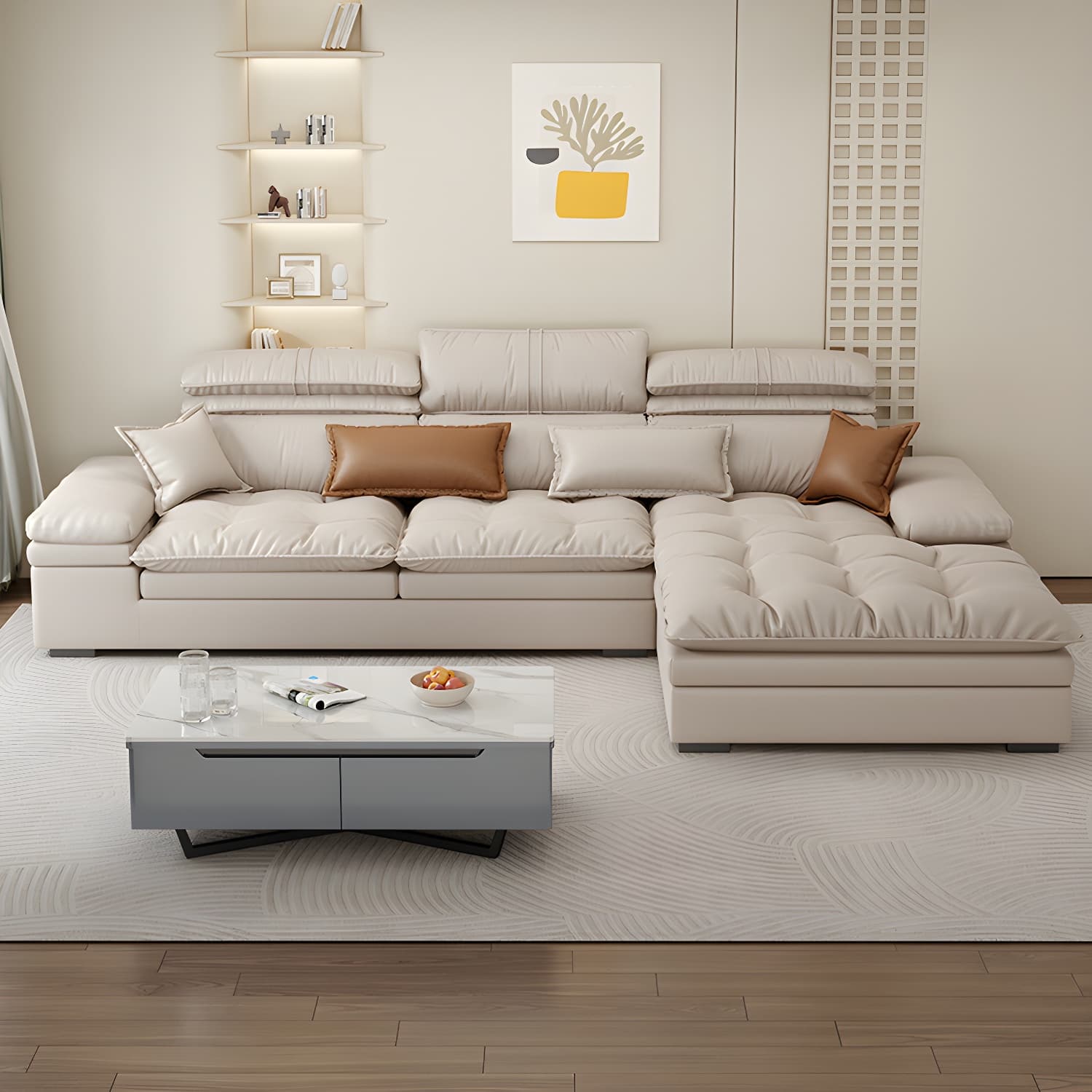 Modern Beige Faux Leather Stationary Sectional Sofa with Adjustable Headrest and Wood Frame