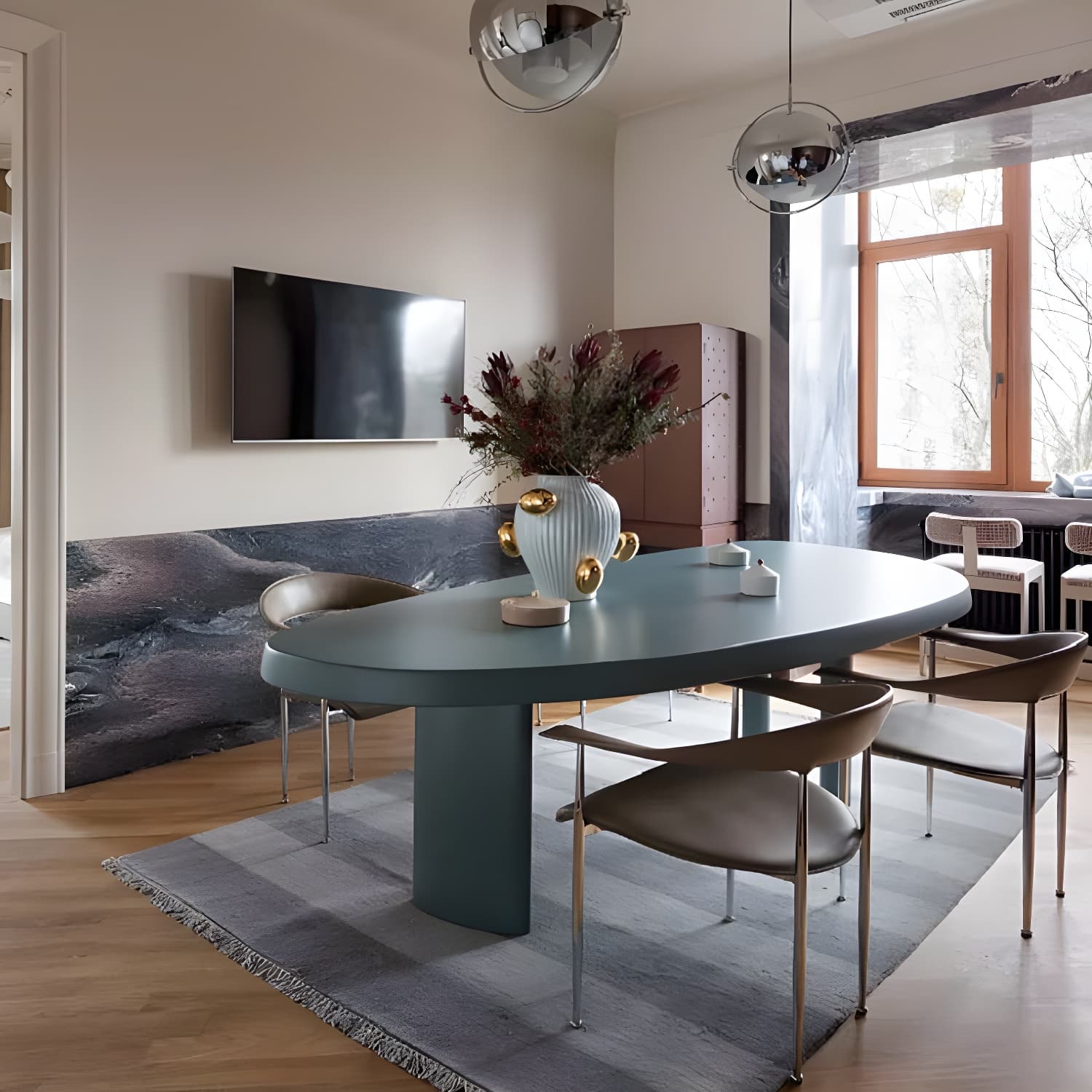 Blue Free Form Scandinavian Dining Table with Wood Top and Legs Standard Height - image 3