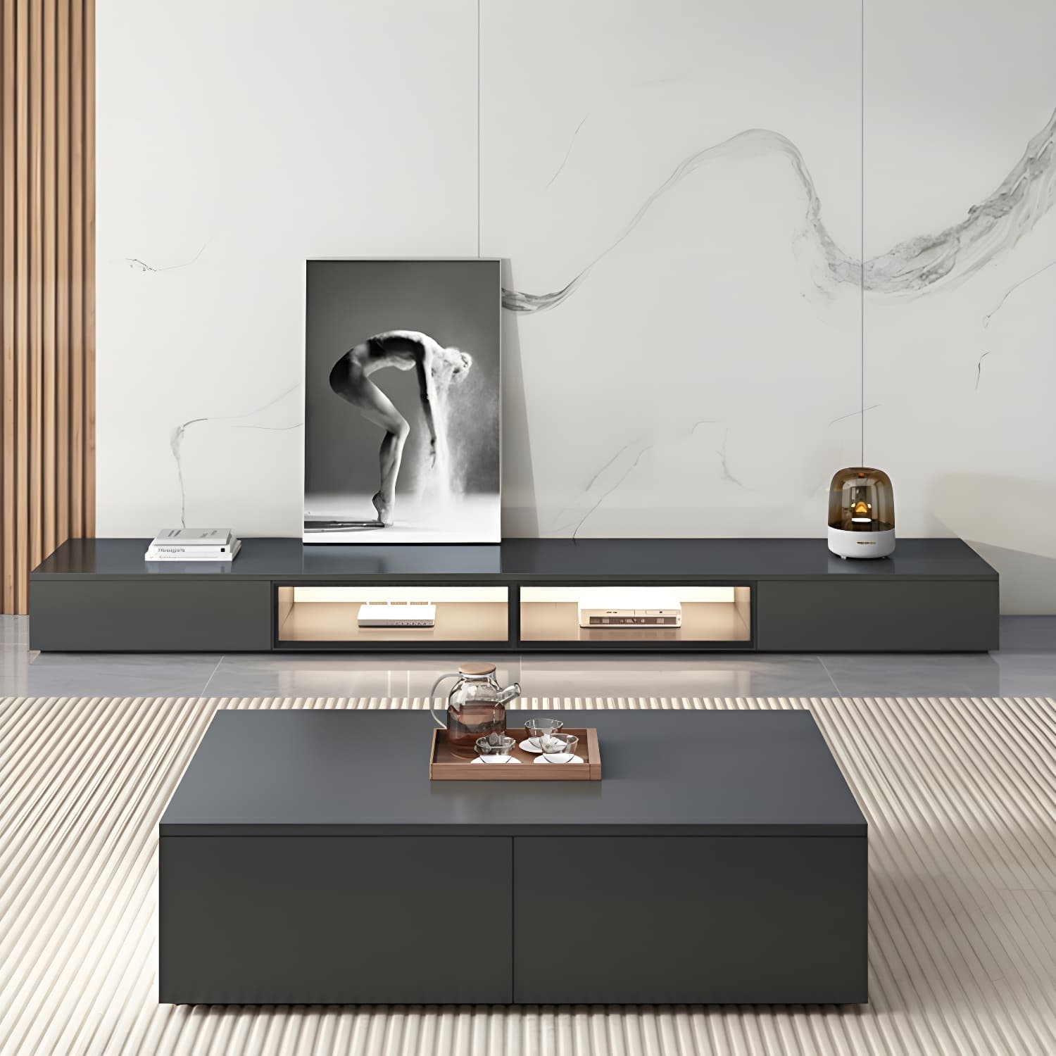 Black Modern TV Stand with Low Height and Drawers for Organized Cable Management & No Open Storage