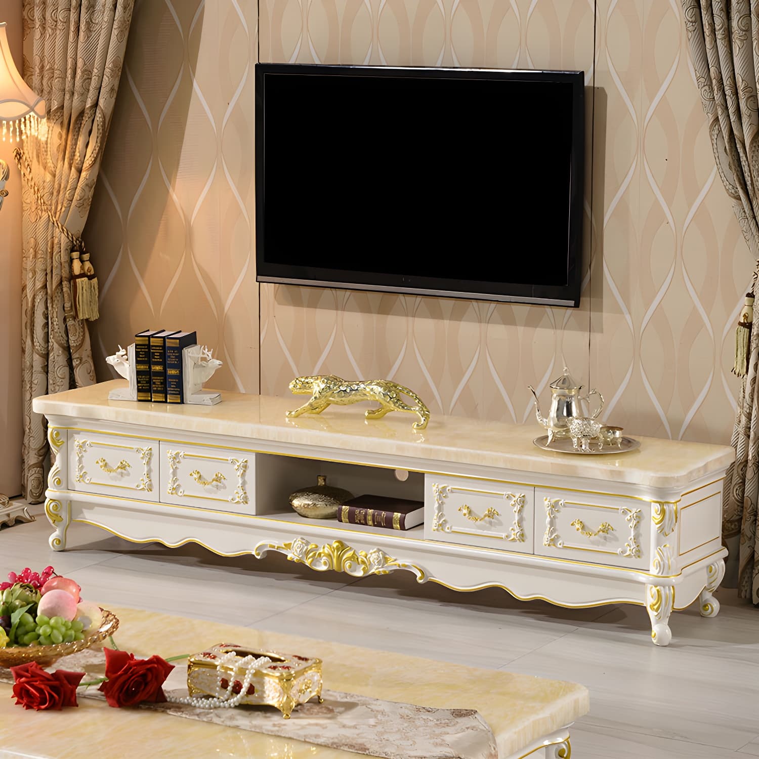 Traditional Marble Top TV Cabinet Solid Wood Crafted TV Stand for Living Room - image 4