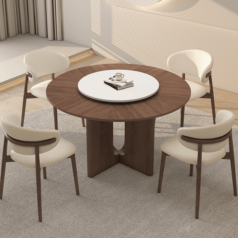 Dining Table Set with Rounded Shape, Stump Base, Fixed Table, Padded Chair with Back, 5-piece in Auburn