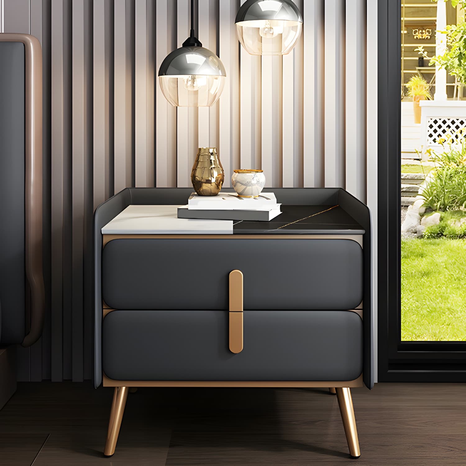 Modern Bedside Cabinet Stone Bed Nightstand with 2 Drawers for Living Room - image 3