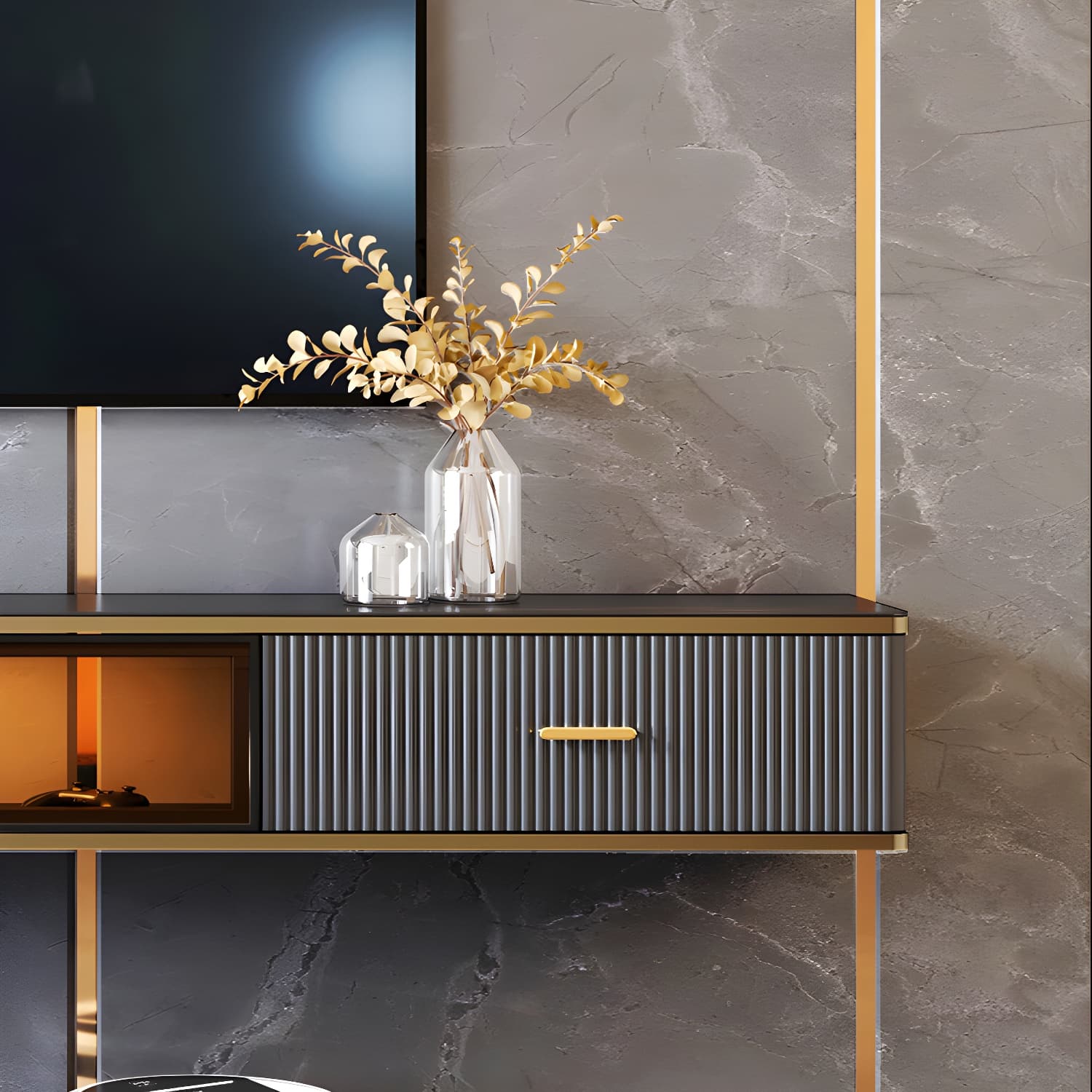 Glam Floating TV Media Stand with Drawers Stone and Wood TV Stand - image 10
