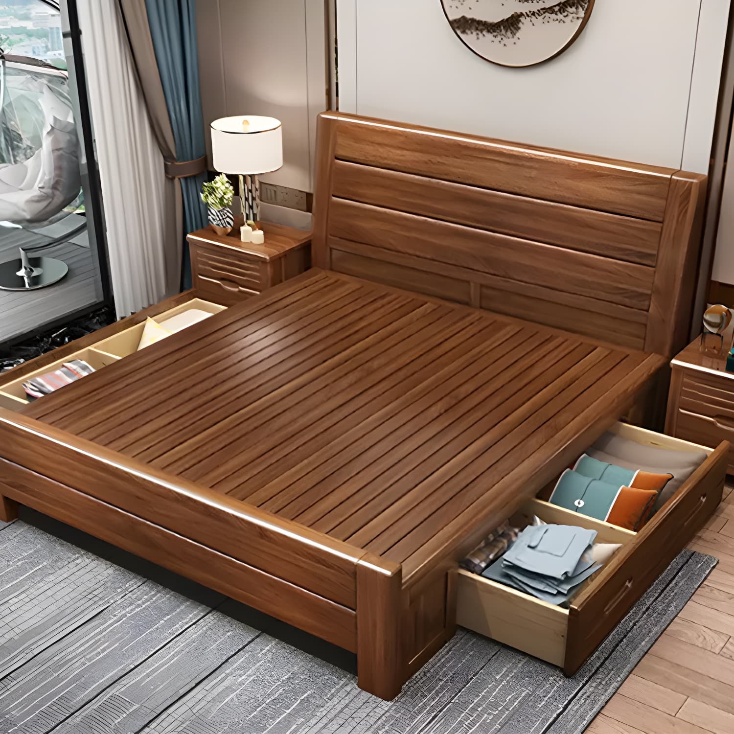 Mid-Century Modern Standard Bed Walnut Panel Bed with Headboard - image 4