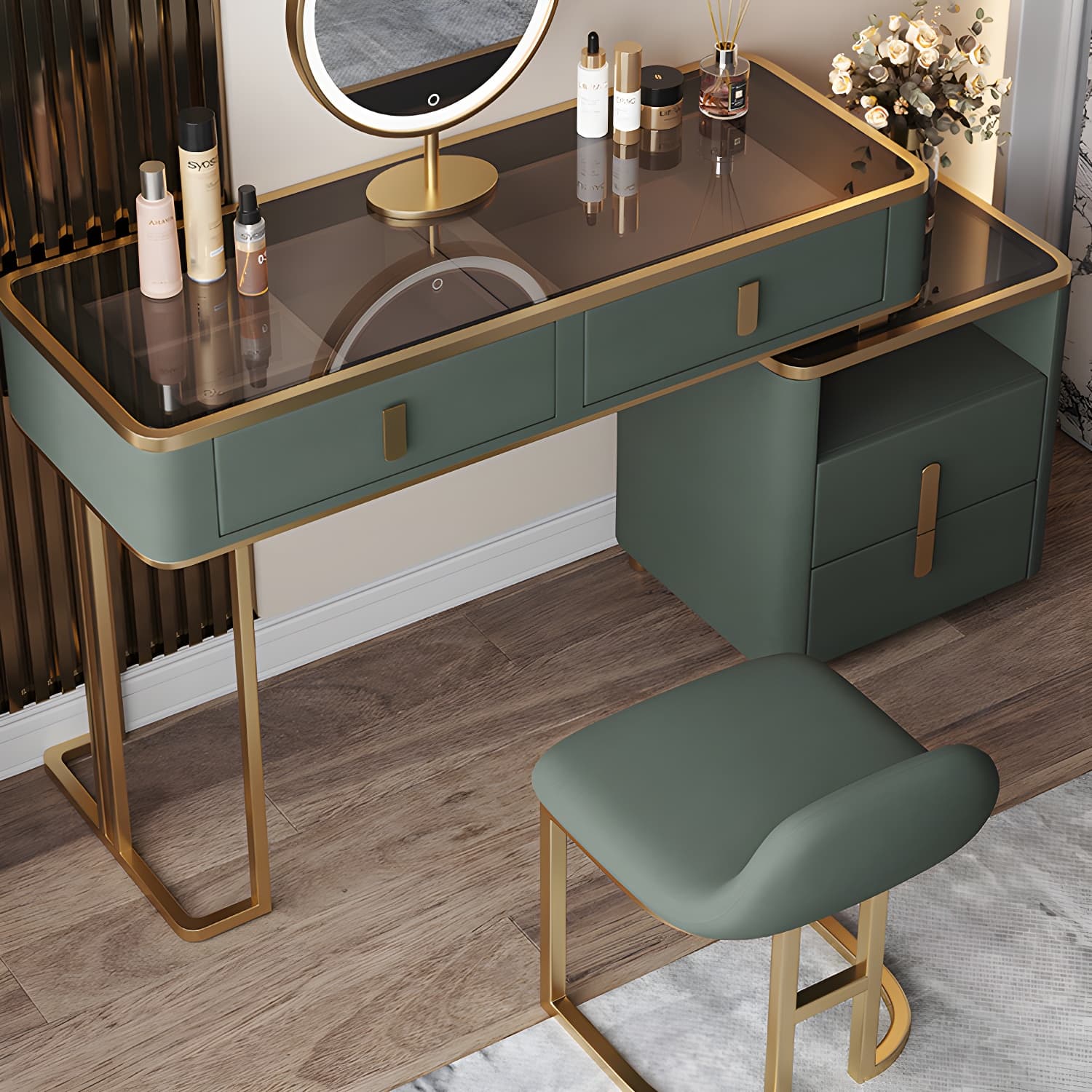 Glass Top Dressing Table Solid Wood Green Make-up Vanity with Drawers - image 3